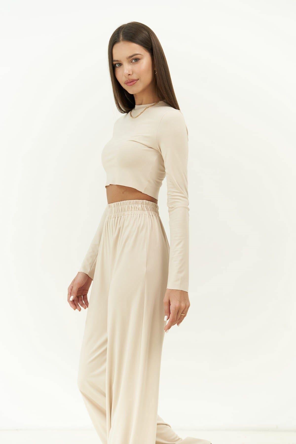 Jany Uzun Kollu Bej Crop Pantolon Takım