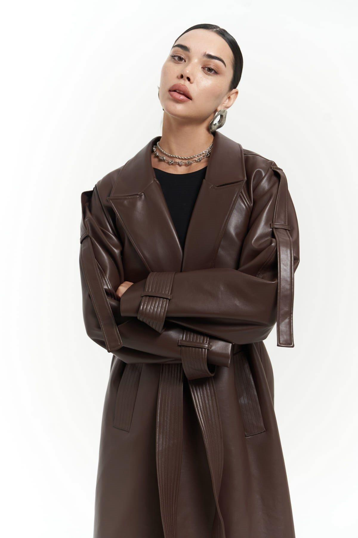 Mai Layton Dark Brown Leather Trench Coat