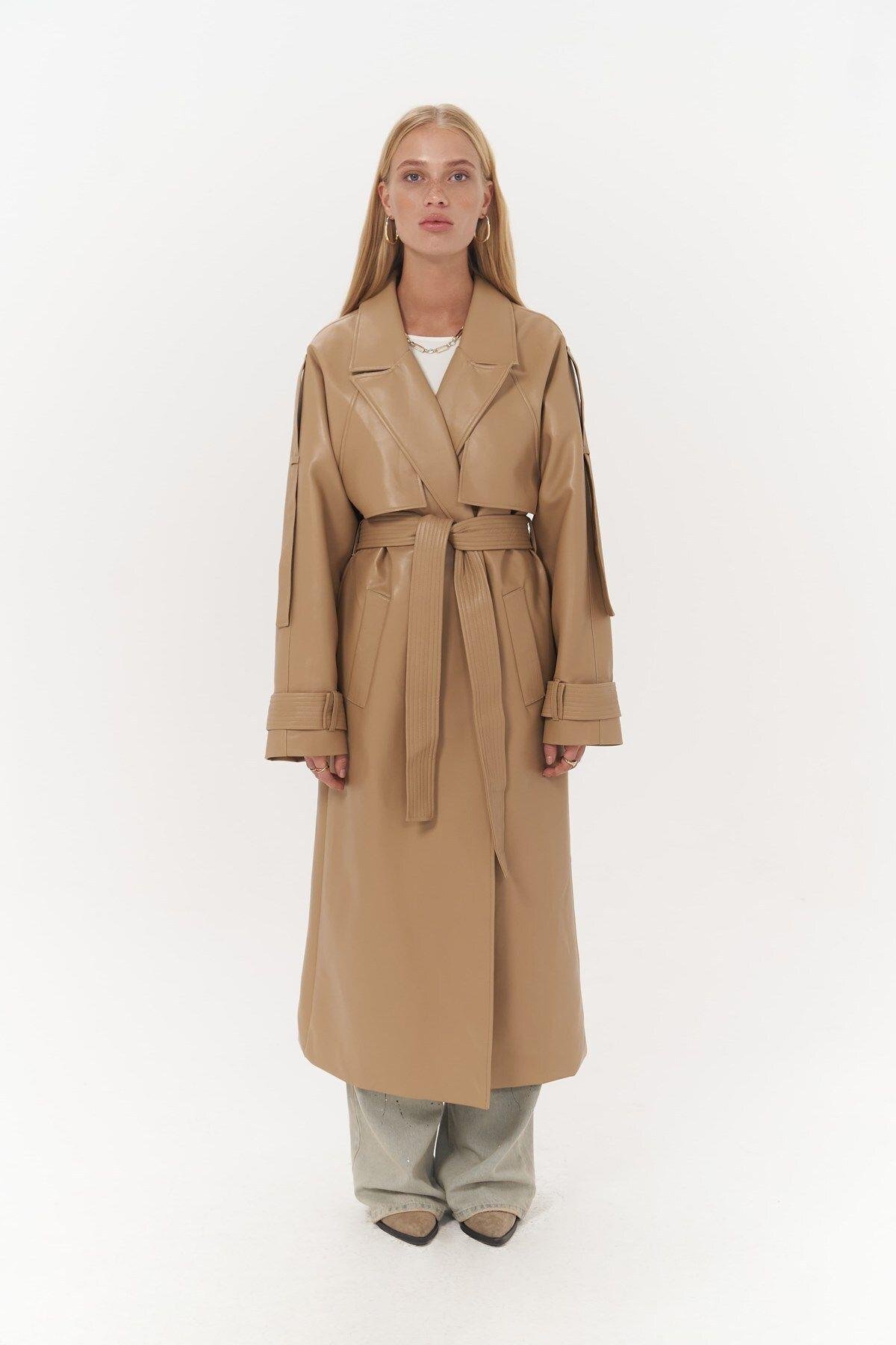 Mai Layton Dark Beige Leather Trench Coat