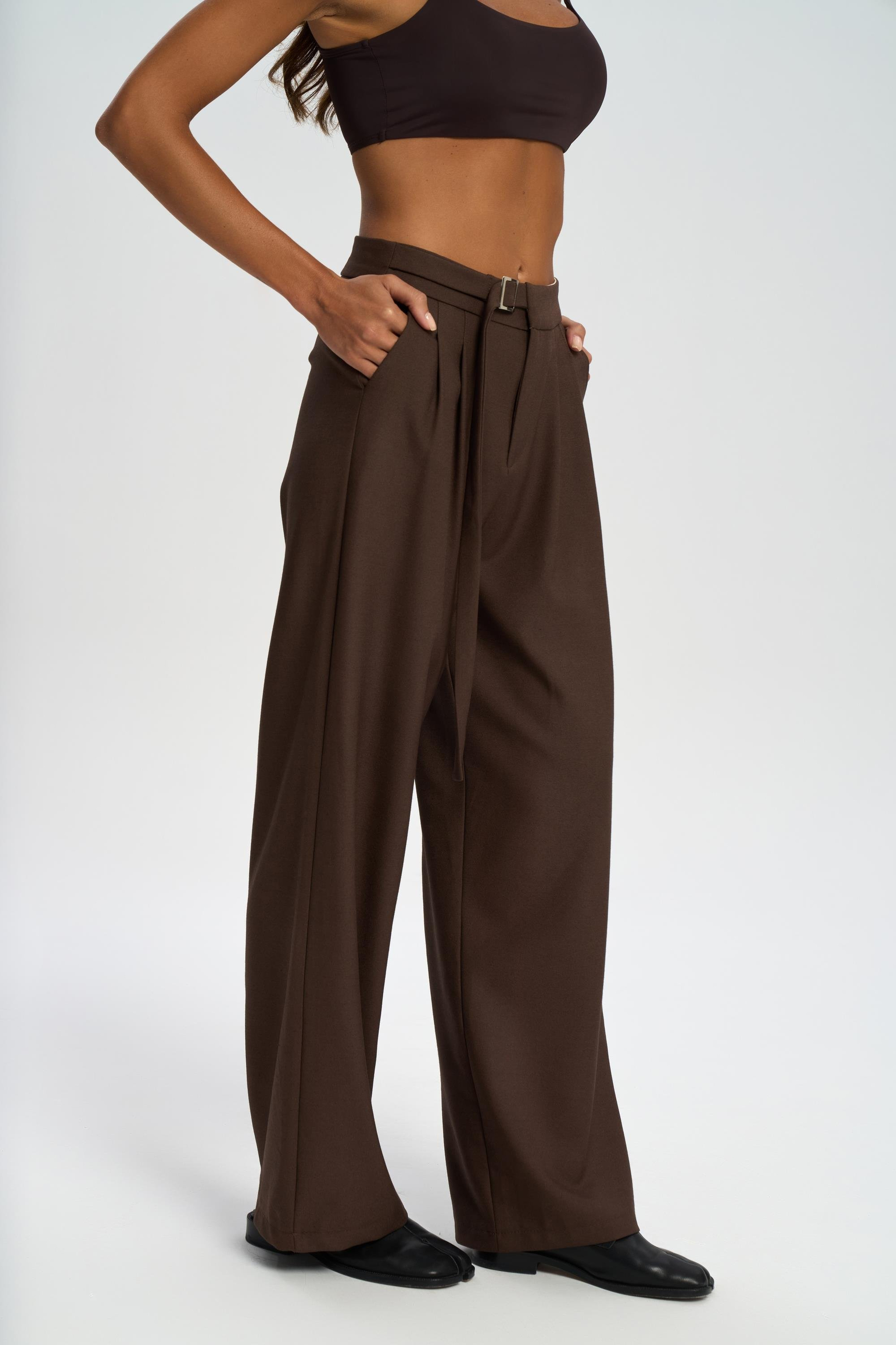 Letizia Belt Detail Brown Pants