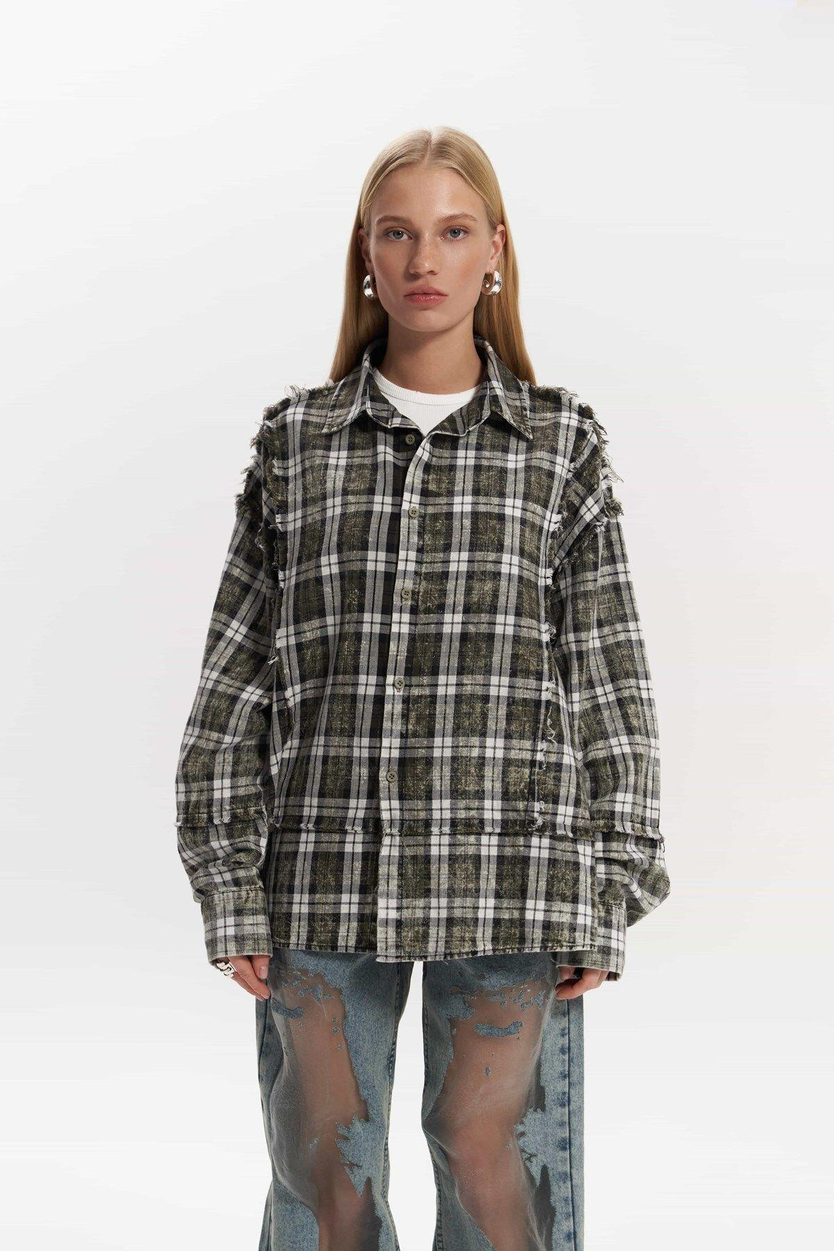 Loma Yıkamalı Oversize Unisex Ekose Haki Gömlek