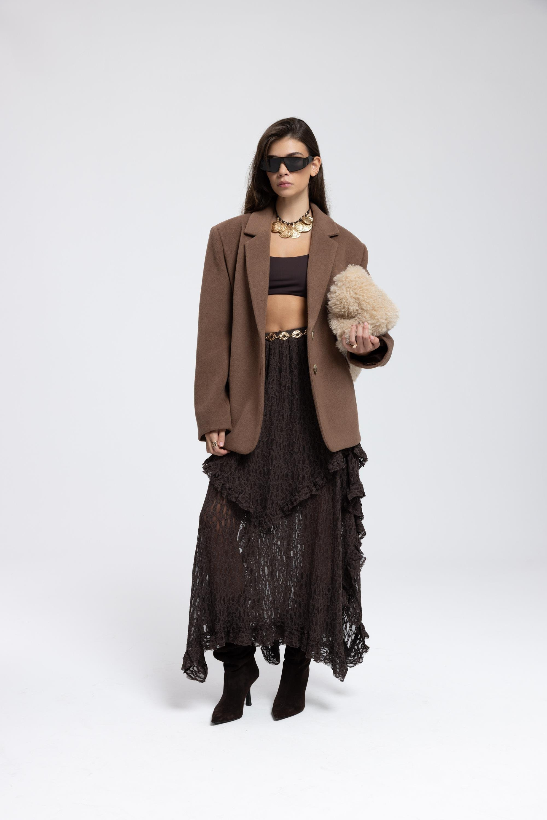 Mireya Asimetrik Kahve Dantel Etek