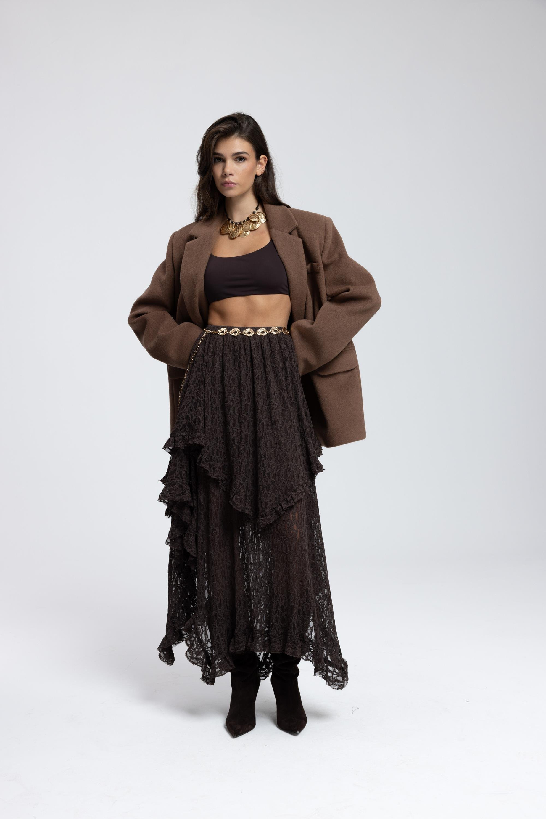 Mireya Asimetrik Kahve Dantel Etek