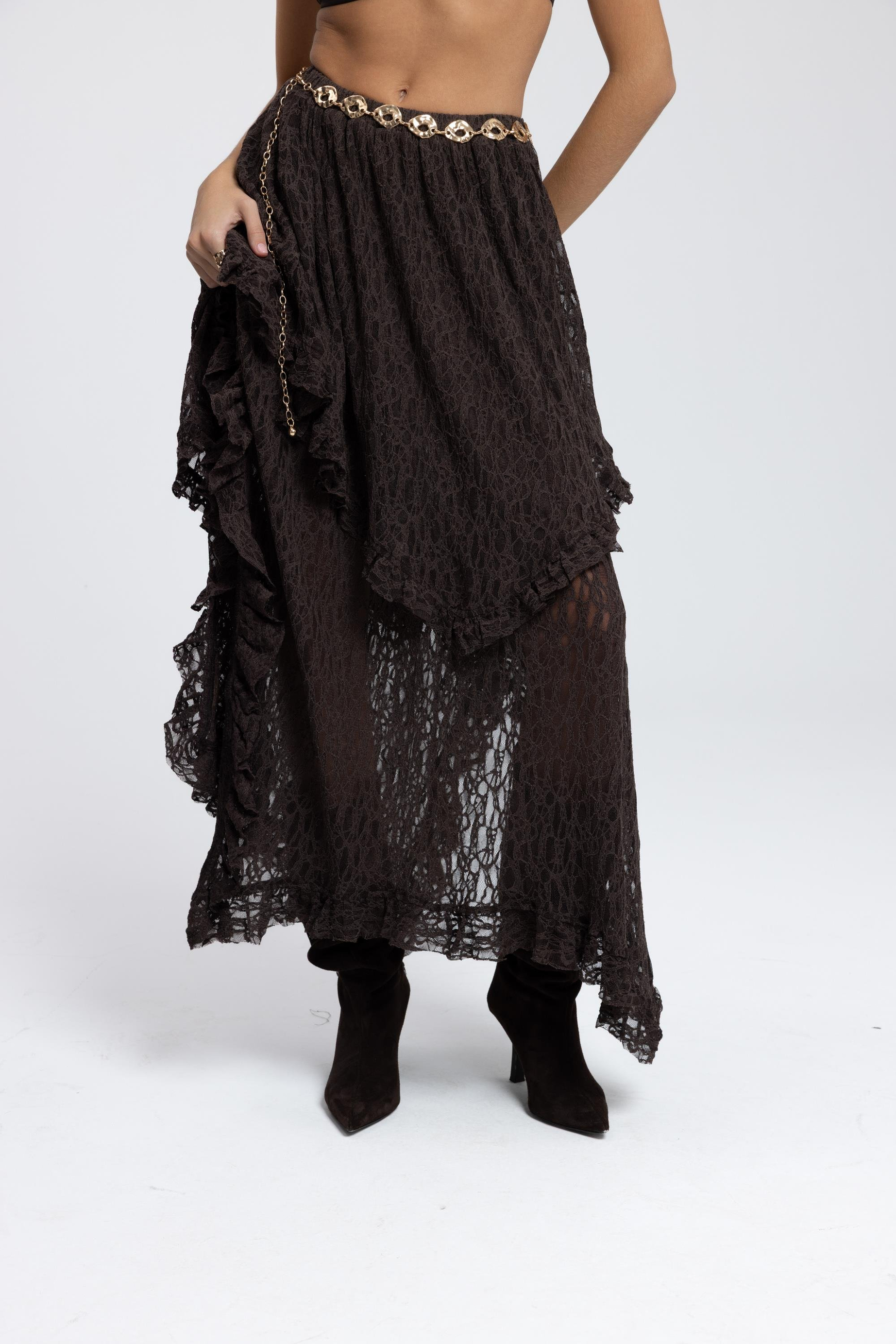 Mireya Asimetrik Kahve Dantel Etek