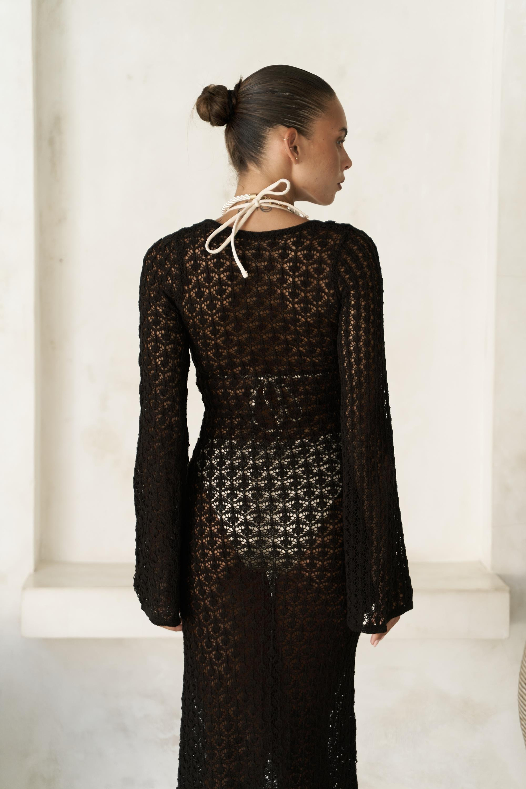 Nugruho Bağlama Detay Kahve Triko Uzun Elbise