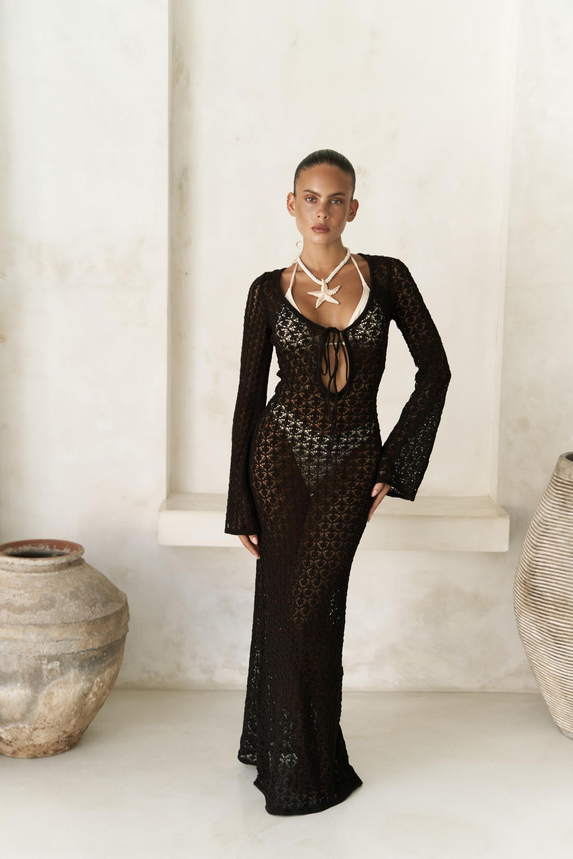 Nugruho Bağlama Detay Kahve Triko Uzun Elbise