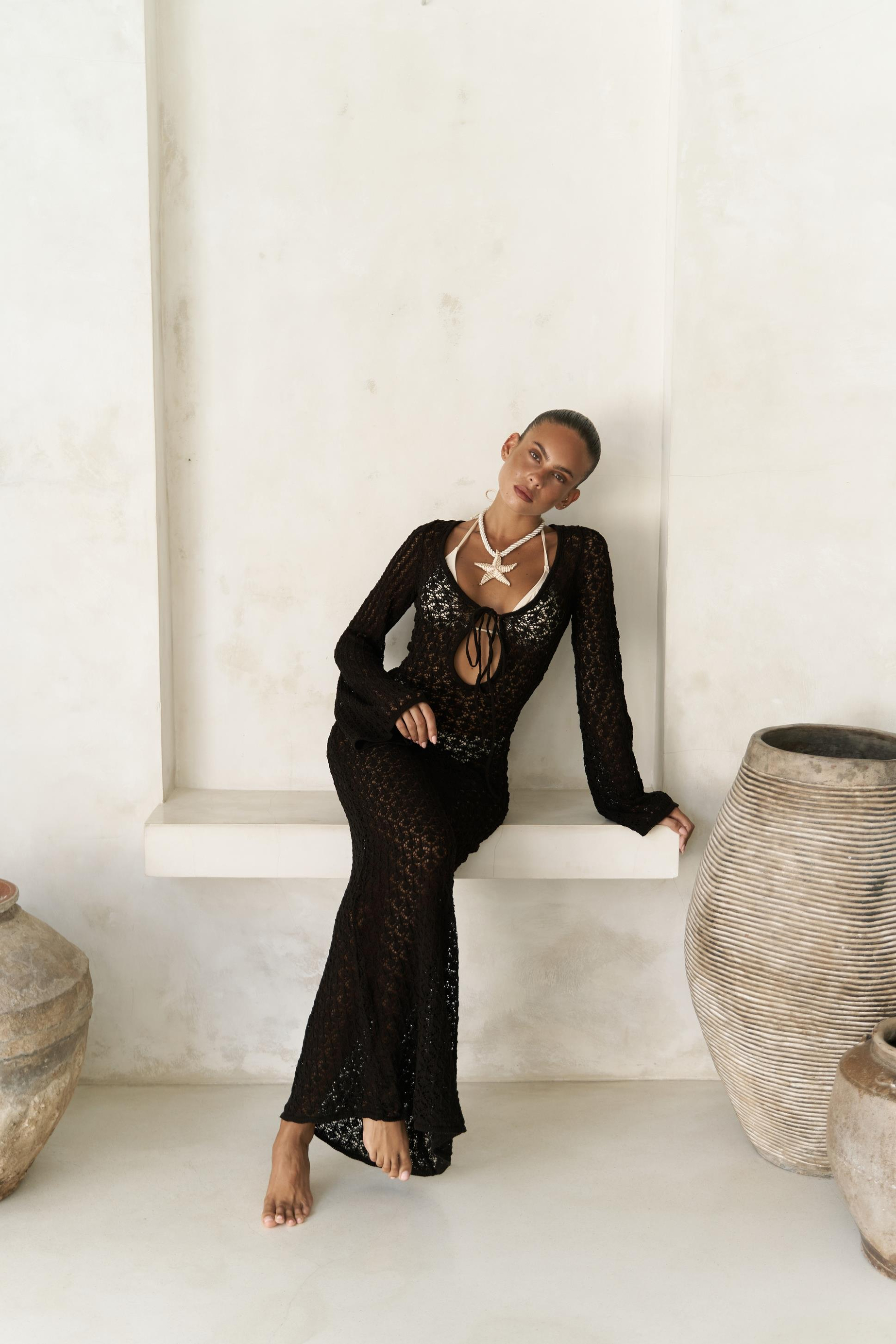 Nugruho Bağlama Detay Kahve Triko Uzun Elbise