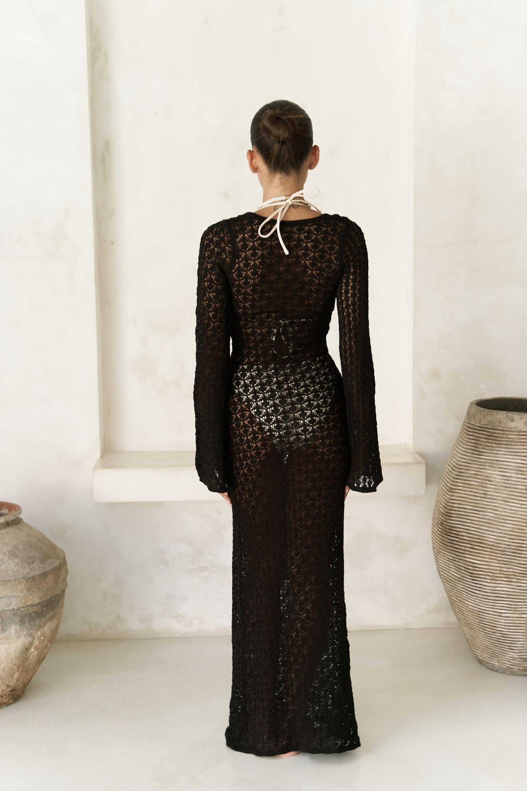 Nugruho Bağlama Detay Kahve Triko Uzun Elbise