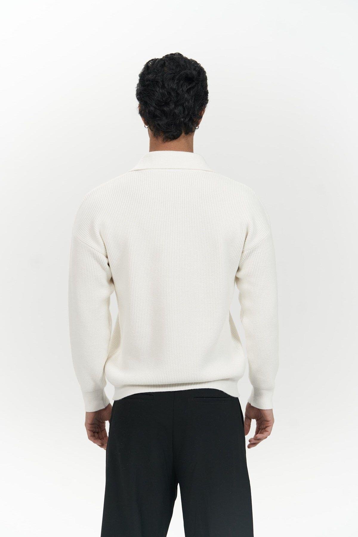 Oberon Men's Polo Collar Half-Zip Ecru Knit Sweater