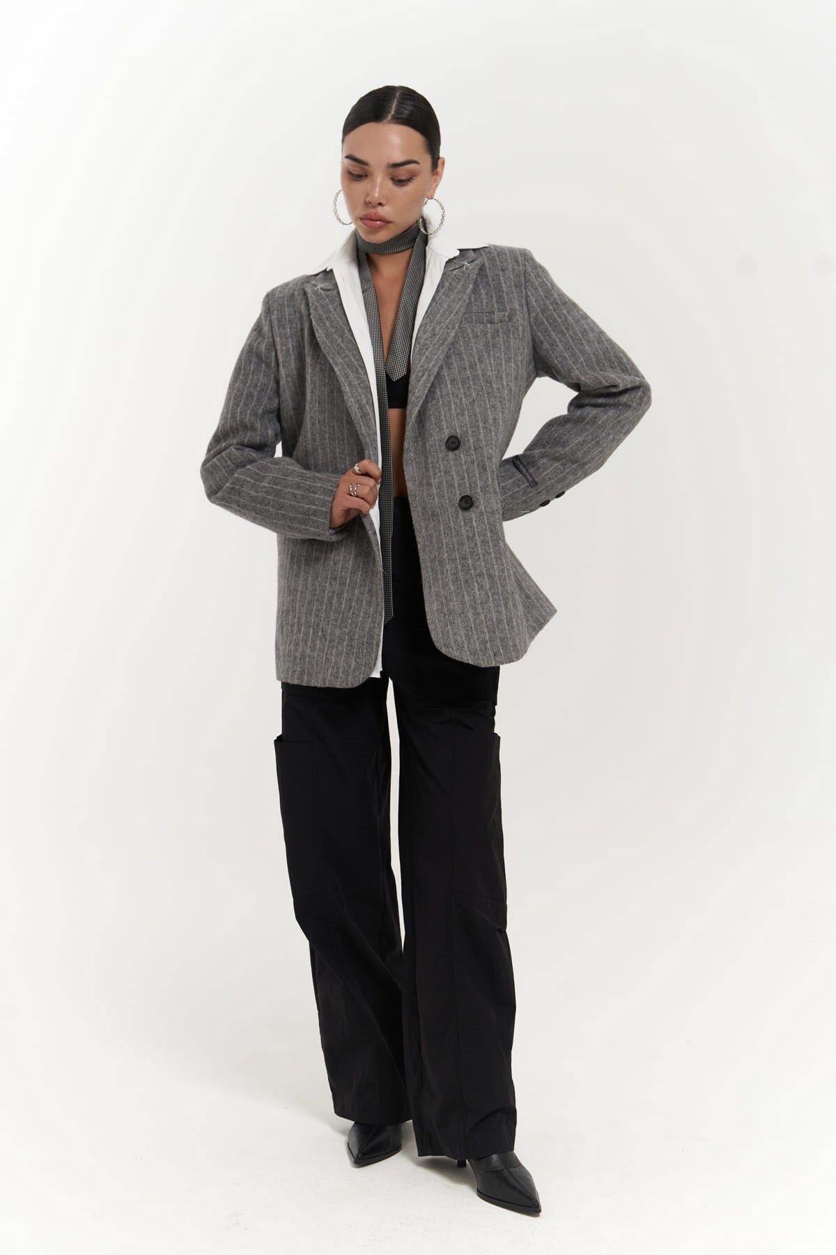 Peters Striped Dark Gray Blazer with Stitch Detail
