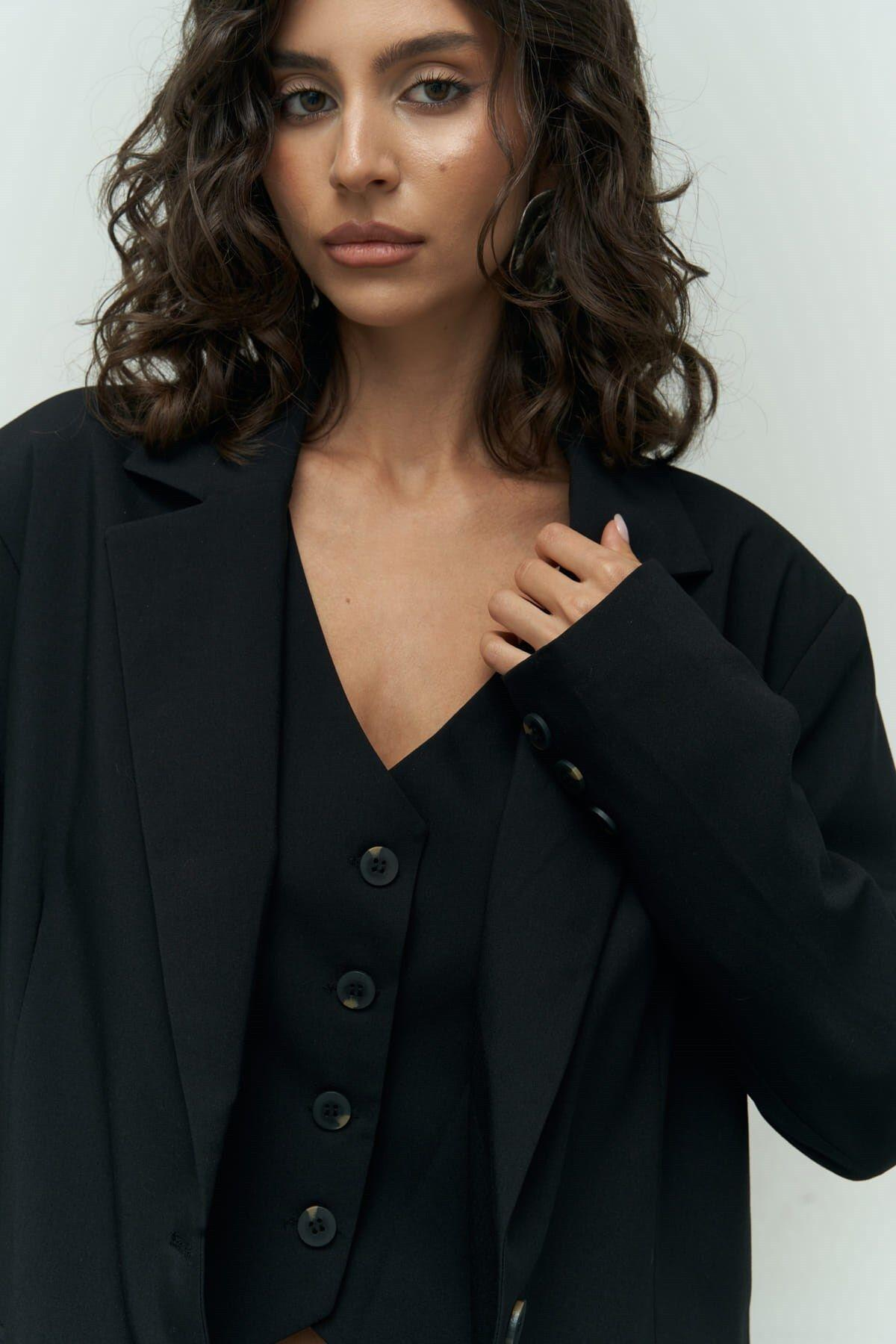 Pietro Black Blazer With Vest Detail