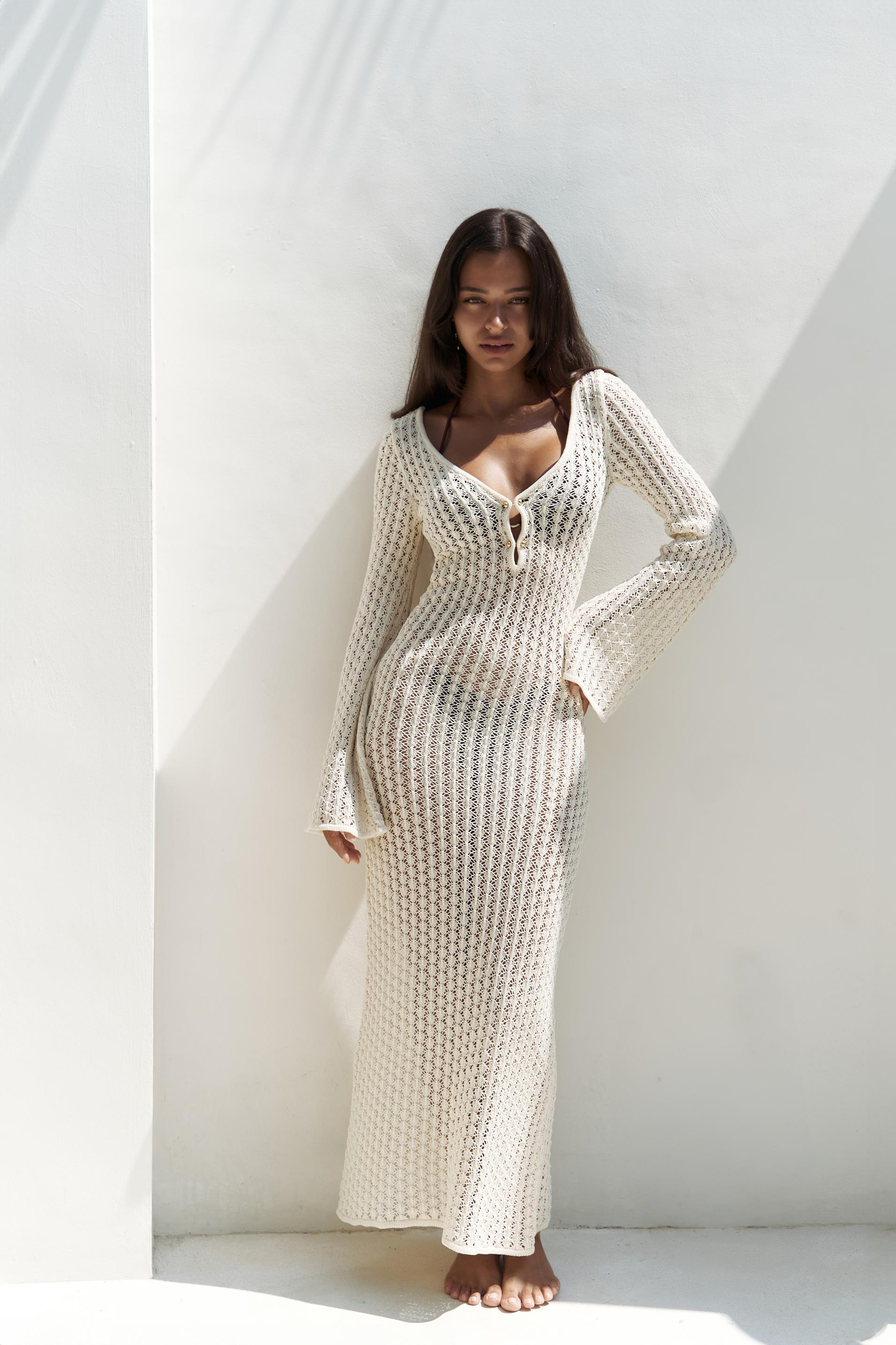 Putra V Yaka Bej Triko Uzun Elbise