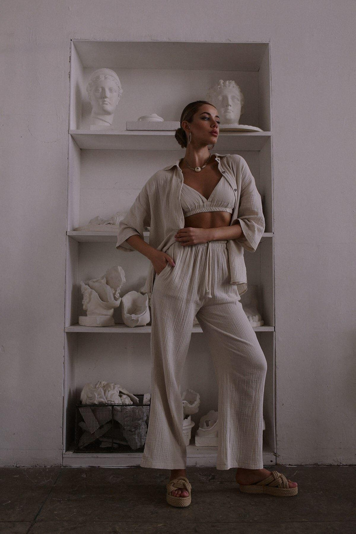 Reyna Açık Bej Müslin Üçlü Takım