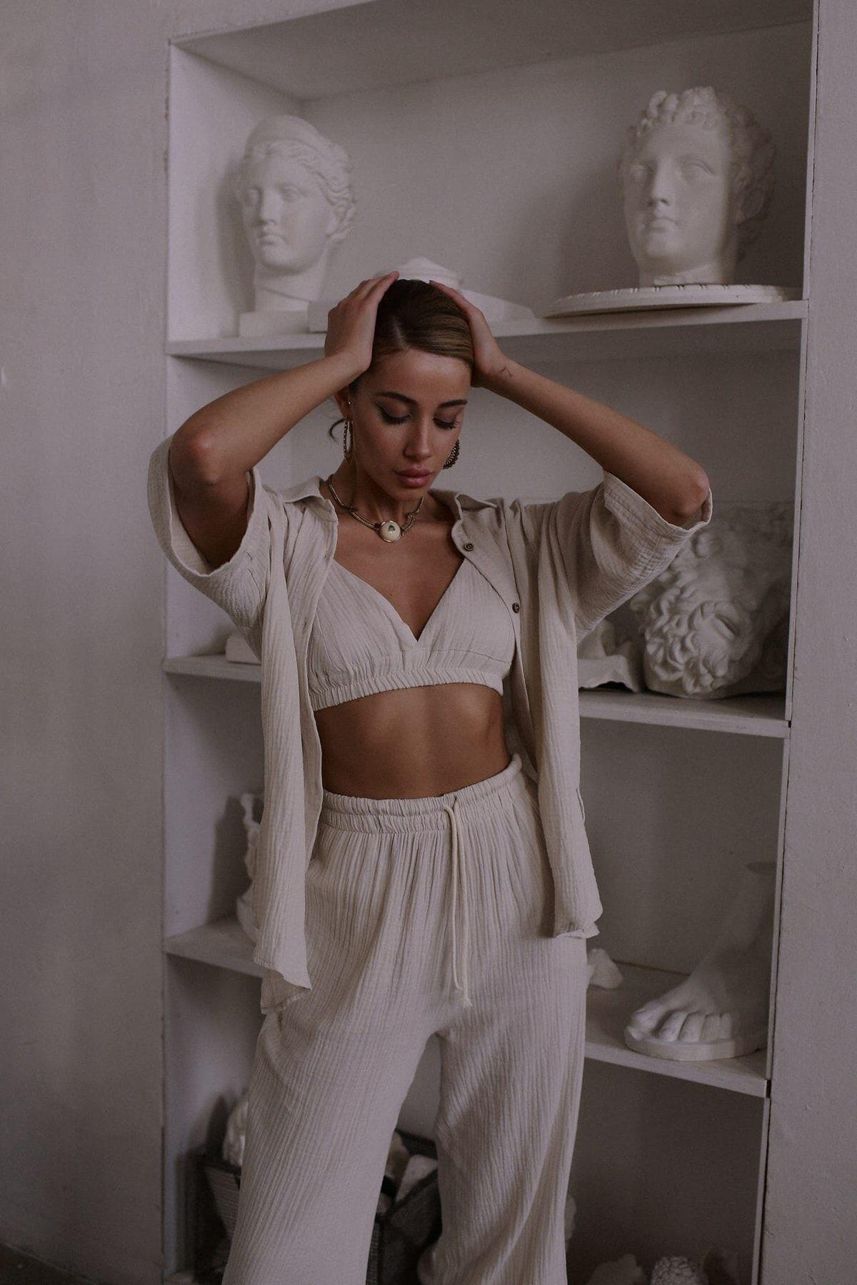 Reyna Açık Bej Müslin Üçlü Takım