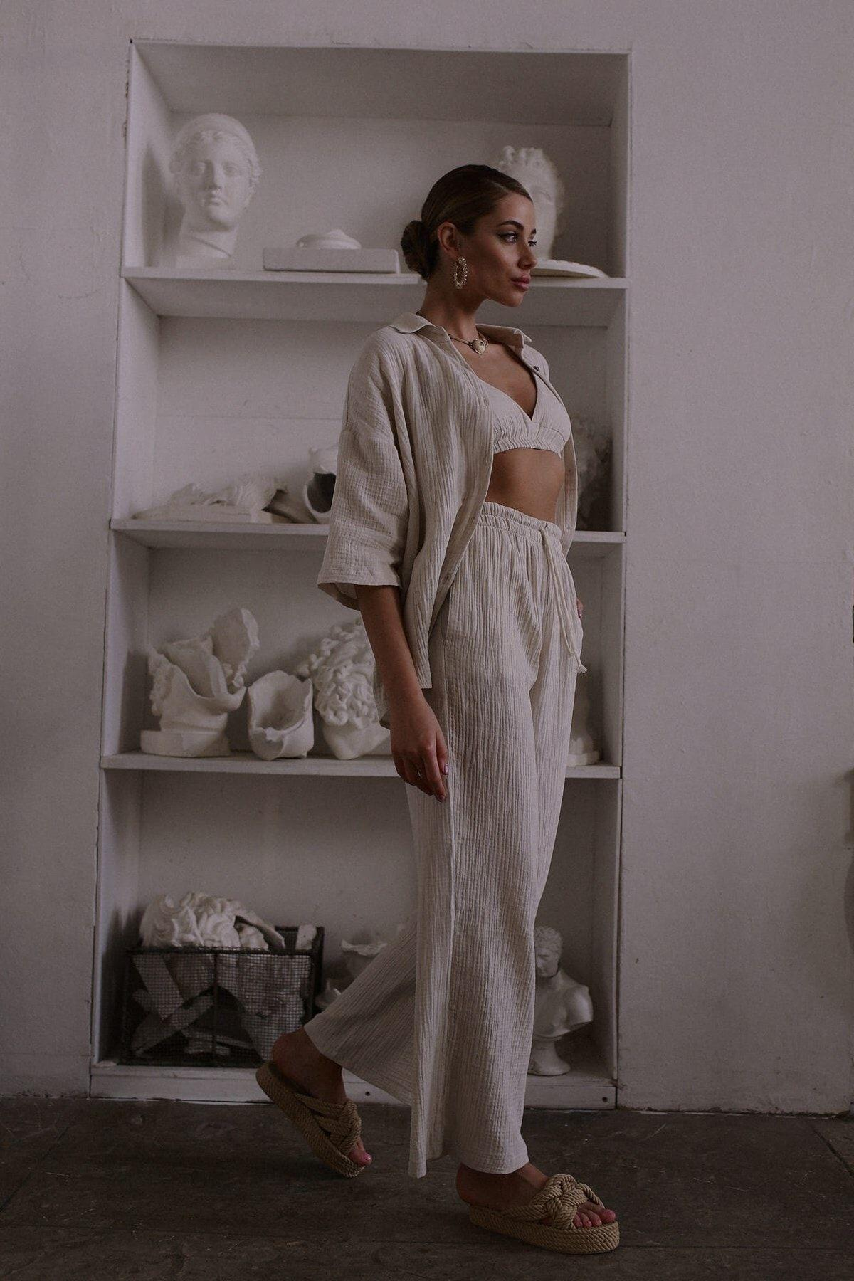 Reyna Açık Bej Müslin Üçlü Takım