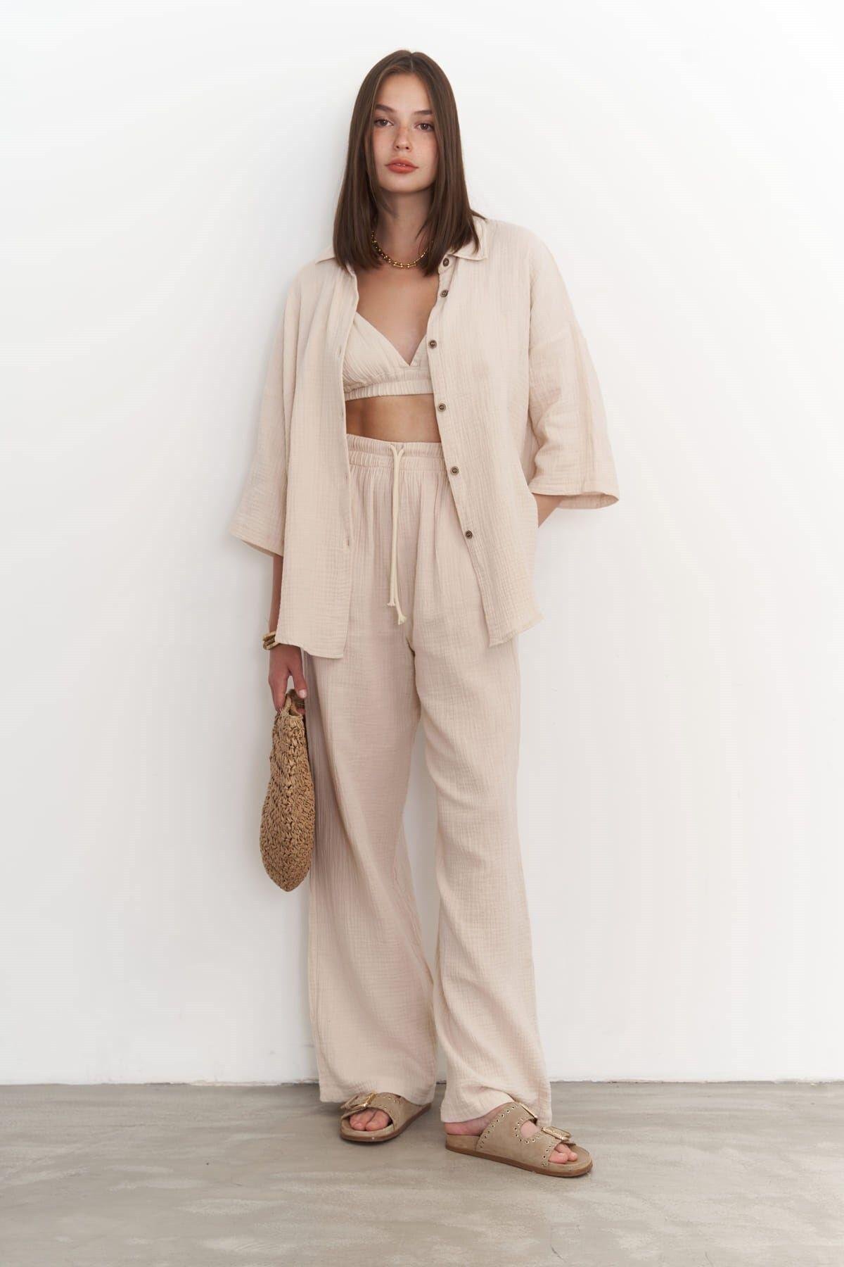 Reyna Koyu Bej Müslin Üçlü Takım