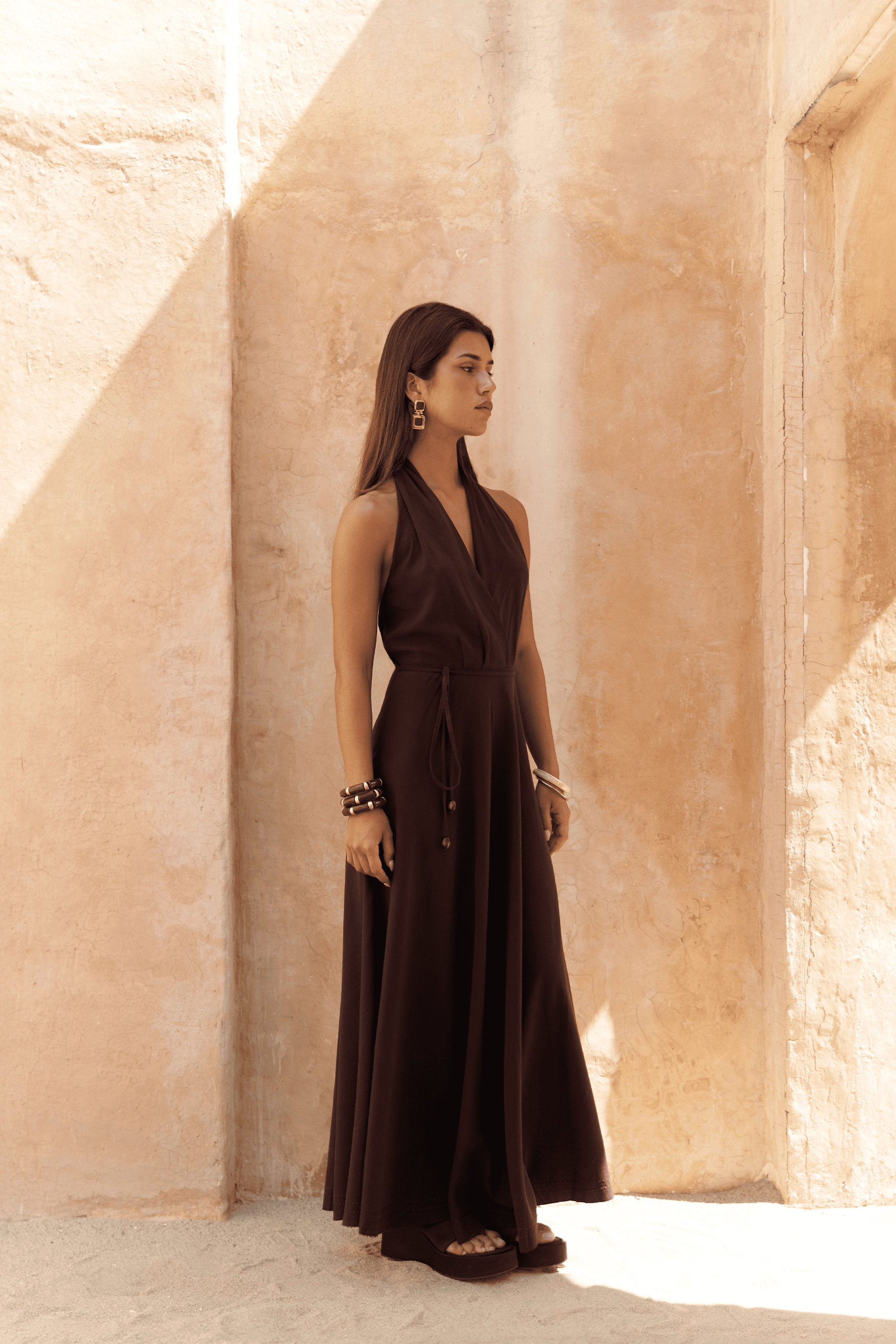 Rhonsa Bağcıklı Bordo Uzun Elbise