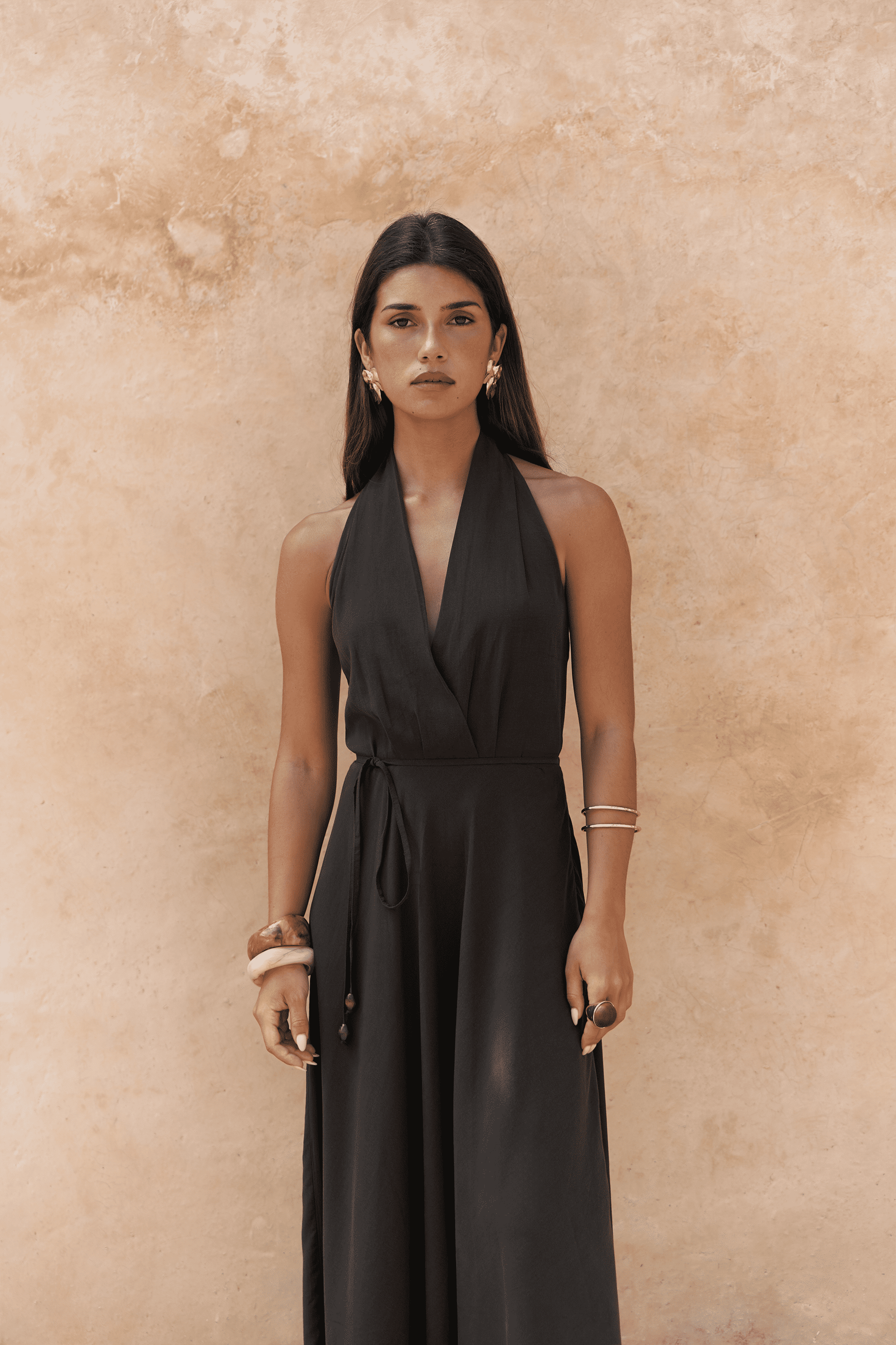 Rhonsa Bağcıklı Kahve Uzun Elbise