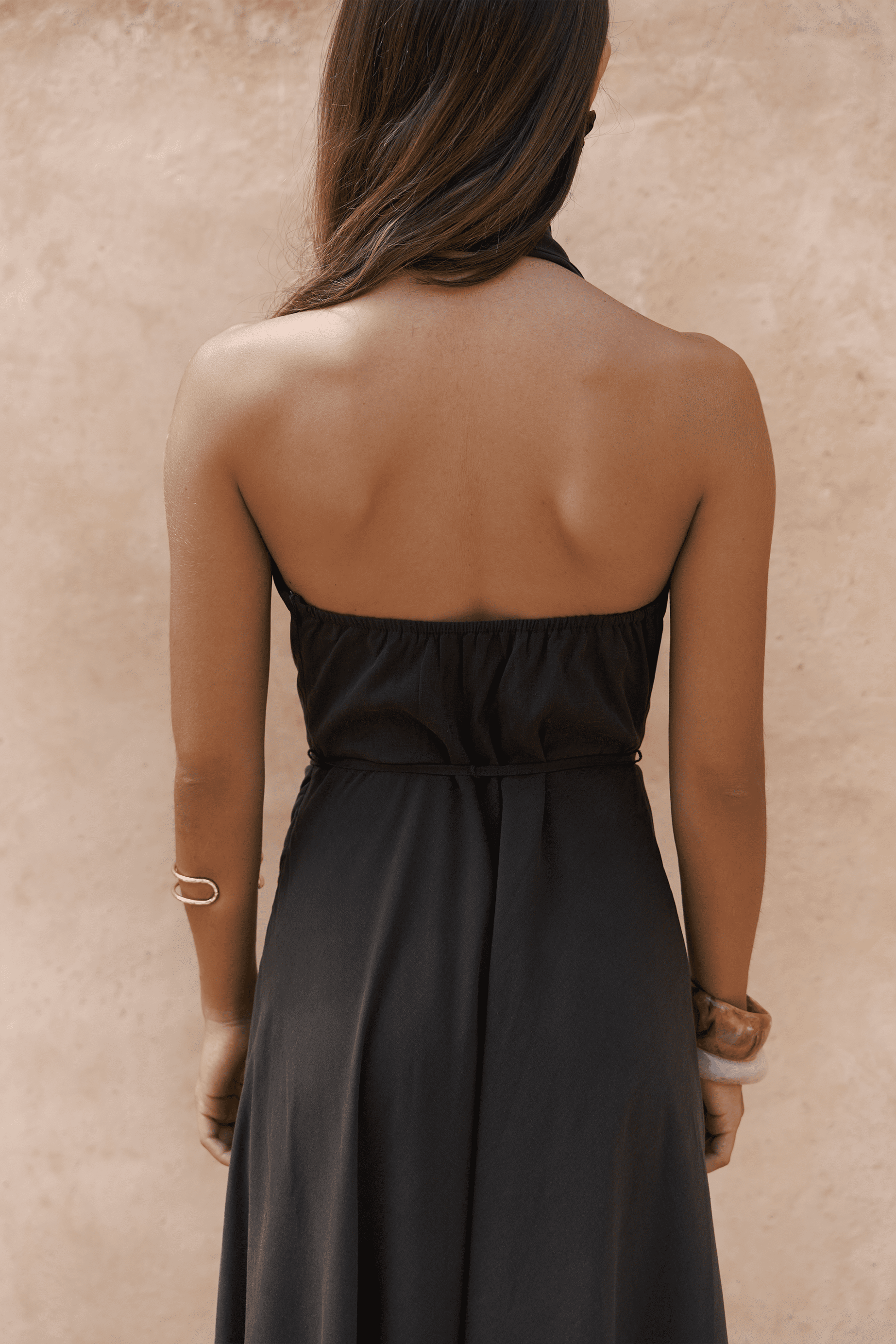 Rhonsa Bağcıklı Kahve Uzun Elbise