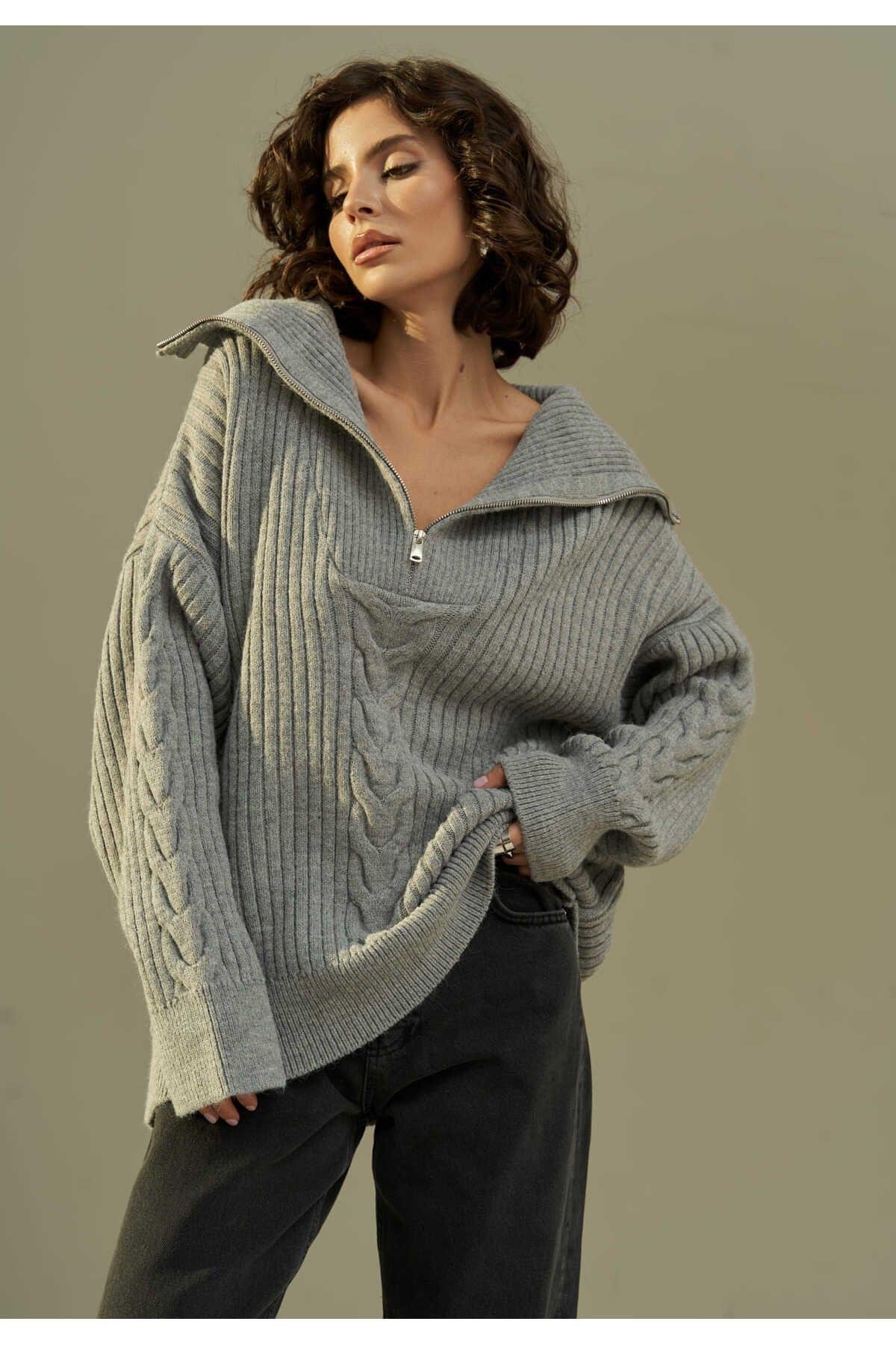 Mai Rika Smoke Gray Cable Knit Zip-Up Sweater