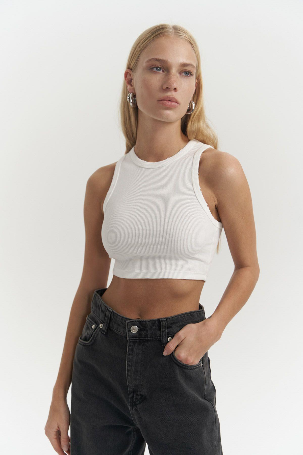 Shoulder Beyaz Yıkamalı Fitilli Crop