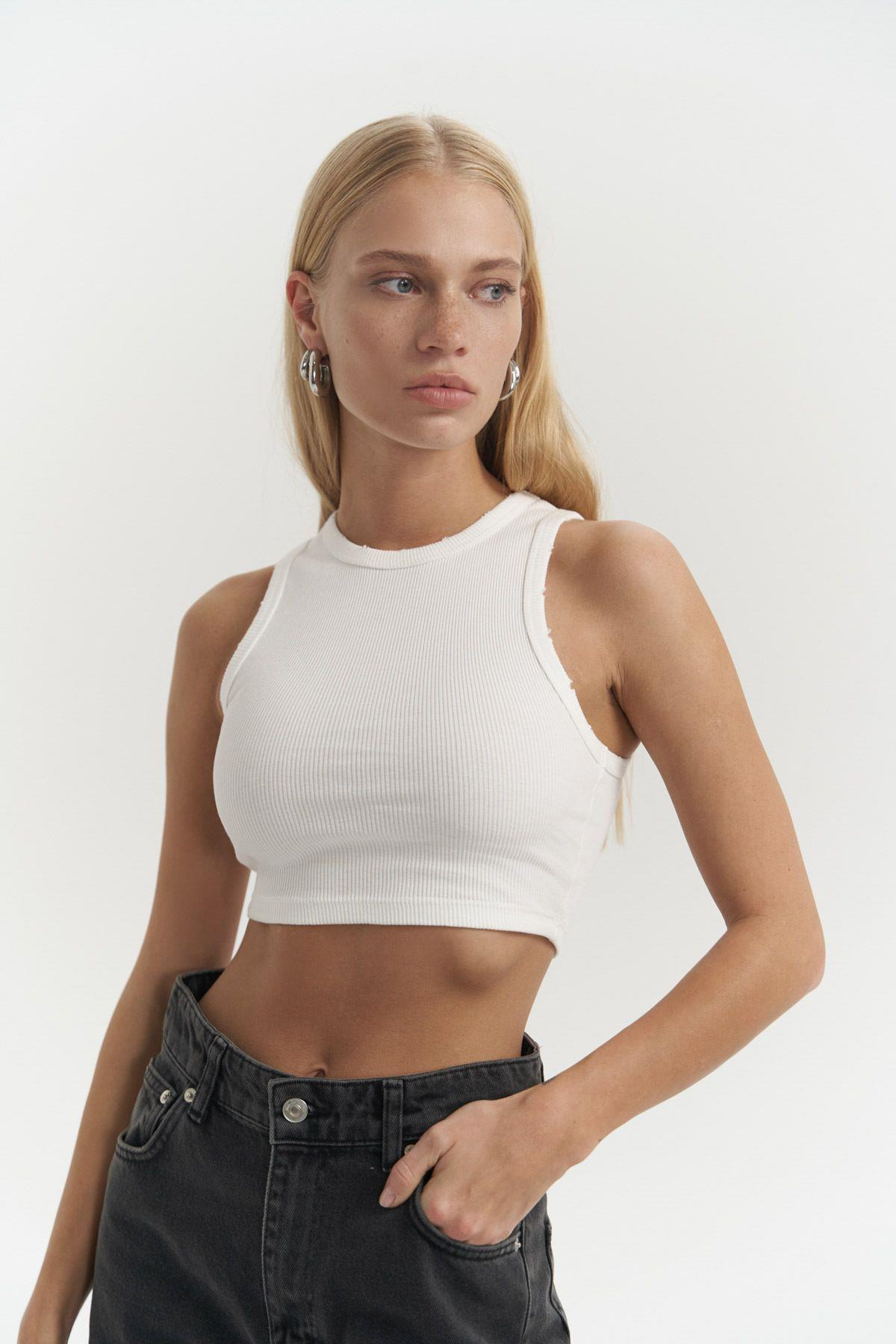 Shoulder Beyaz Yıkamalı Fitilli Crop