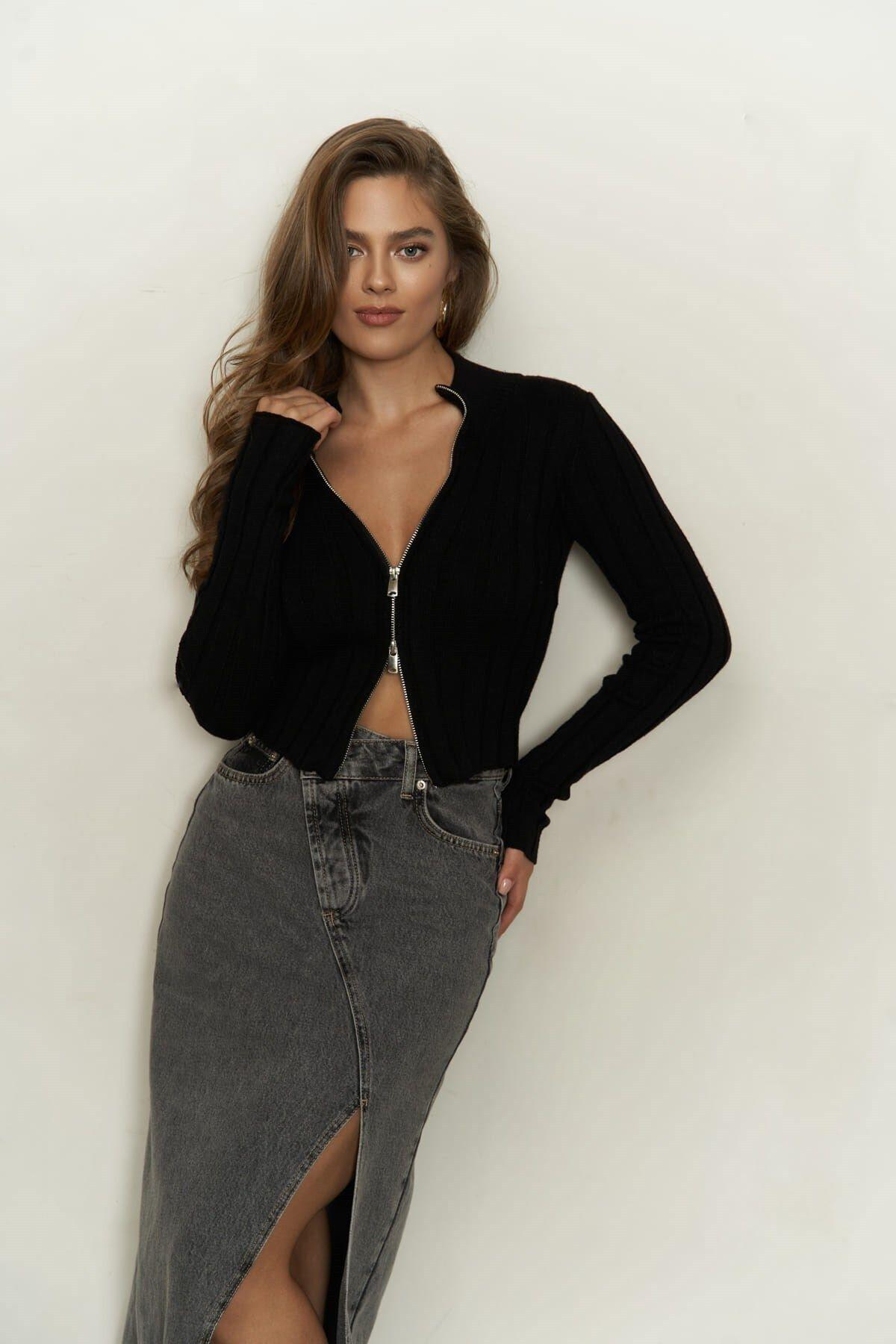 Mai Collection Wintry Ribbed Black Cardigan