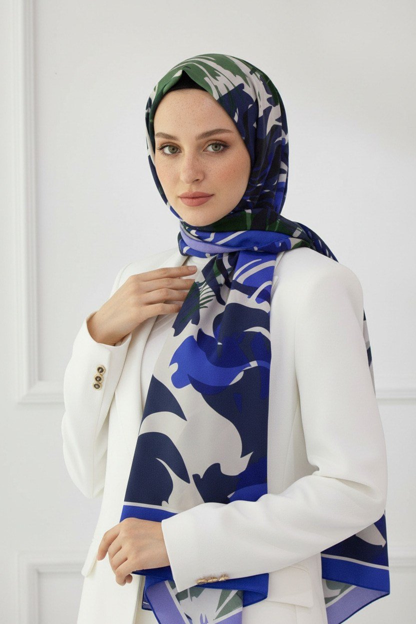 KREP GEOMETRİK DESENLİ SAKS RENKLİ 75X195 KIRIŞMAZ ŞAL