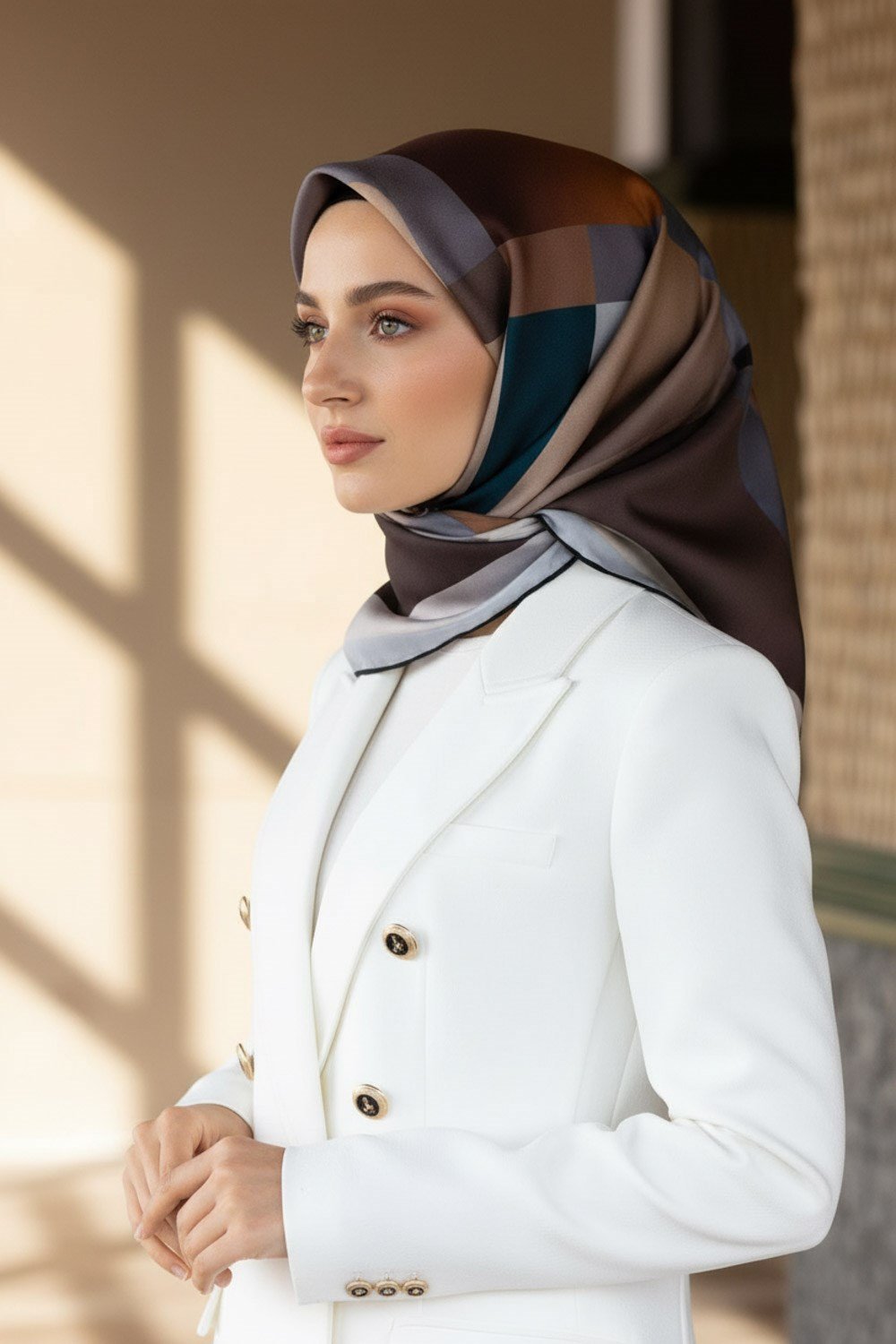 %100 Twill İpek Geometrik Desenli Petrol Mavisi - Gri Renkli 90x90 Eşarp Dikim Şekli : El Dikişi