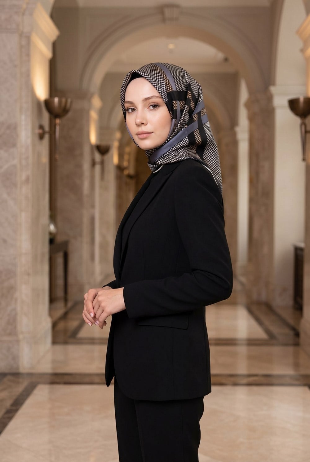 %100 Twill İpek Kazayağı Desenli Gri - Siyah Renkli 90x90 Eşarp Dikim Şekli : El Dikişi