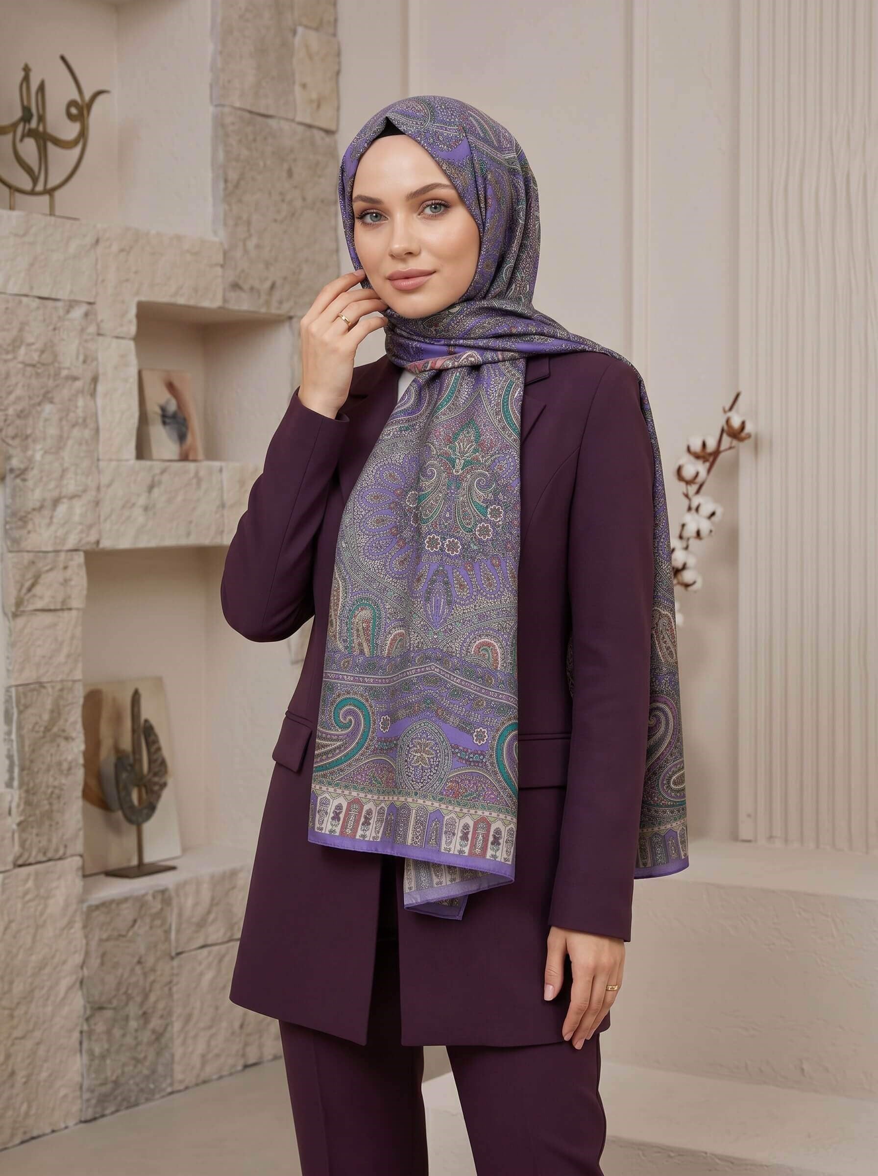 100% İPEK ETRO DESENLİ MOR RENKLİ ŞAL