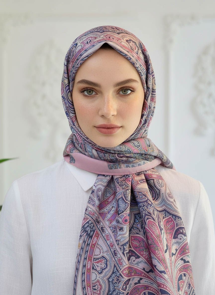 %100 Saf İpek Şal İnce Saten Vual Dokuma Etnik Desenli Pembe Renkli 90x210 Şal