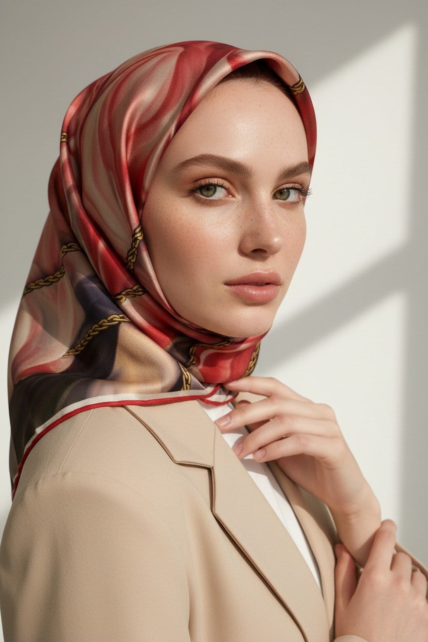 % 57 İPEK % 43 VİSKON Twill İpek Çiçek Geometrik Desenli kırmızı Renkli 90x90 Eşarp Dikim Şekli : El Dikişi