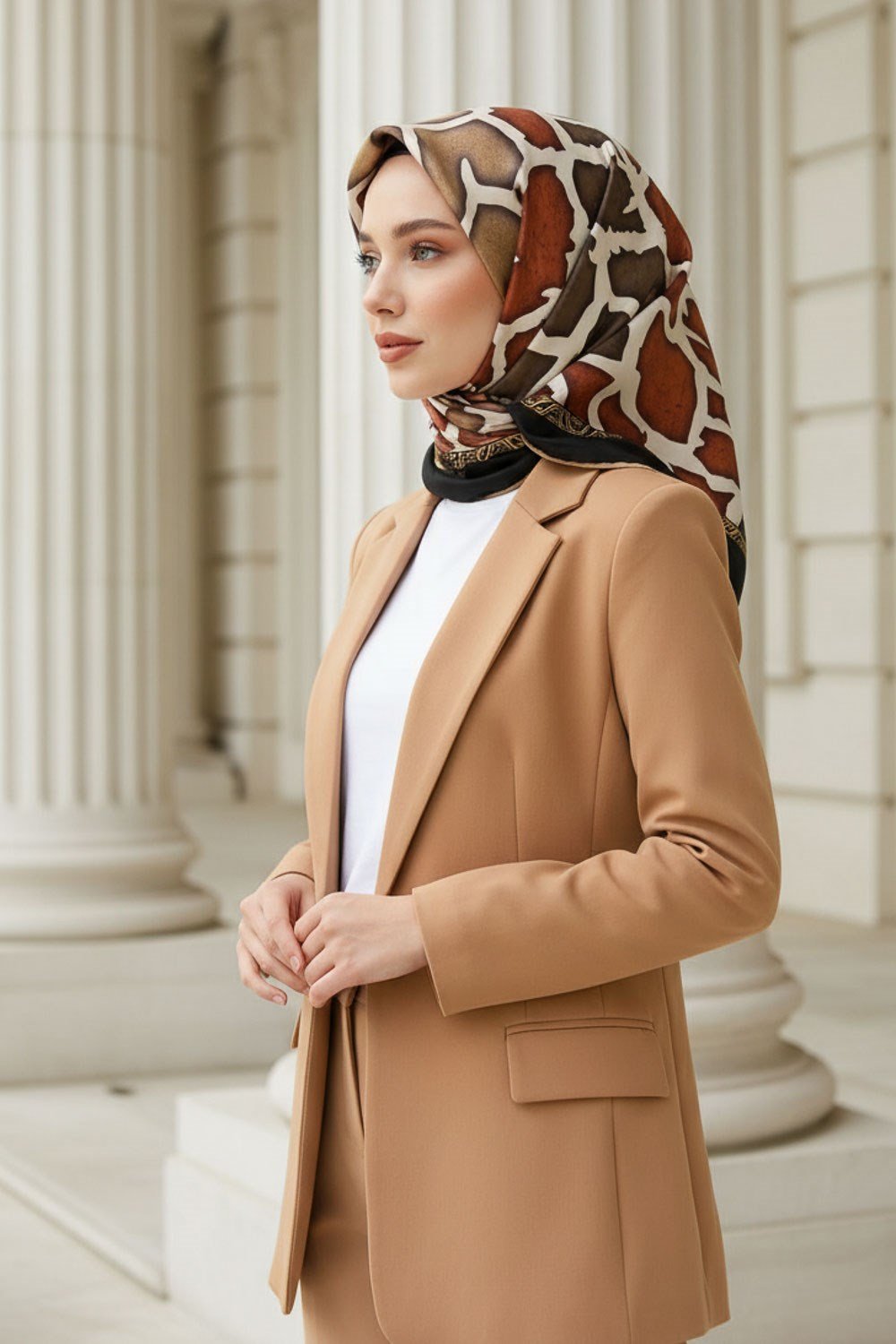 %100 Twill İpek Zürafa Desenli Taba - Vizon Renkli 90x90 Eşarp Dikim Şekli : El Dikişi