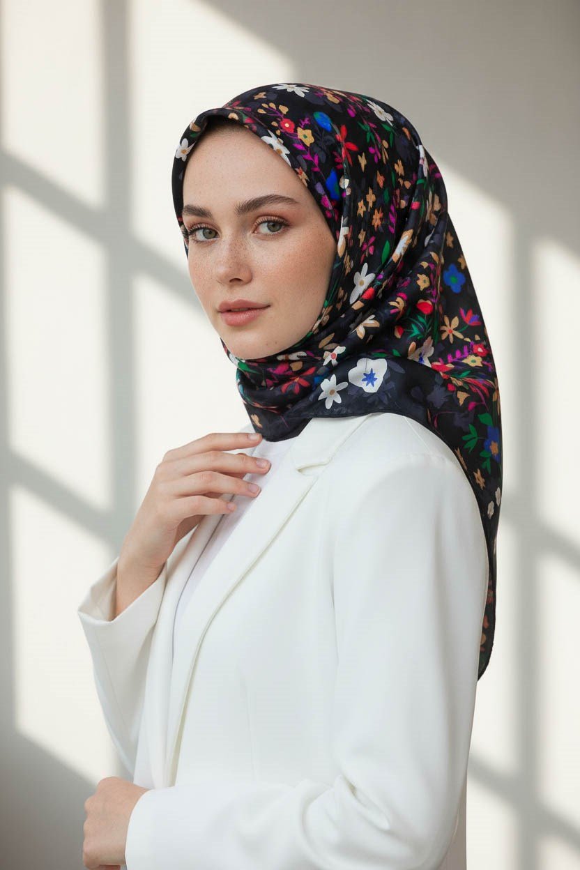 %100 Twill İpek Çıtır Çiçek Desenli Siyah - Fuşya Renkli 90x90 Eşarp Dikim Şekli : El Dikişi