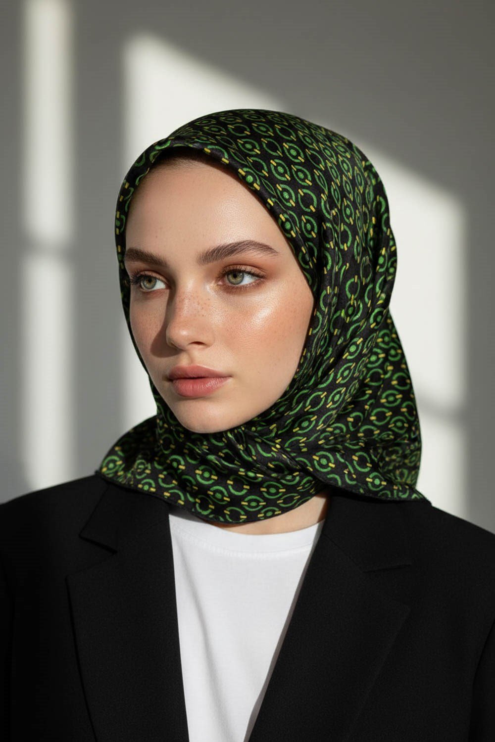%100 Twill İpek Zincir Desenli Siyah - Zümrüt Renkli 90x90 Eşarp Kenar Dikiş Şekli El Dikişli