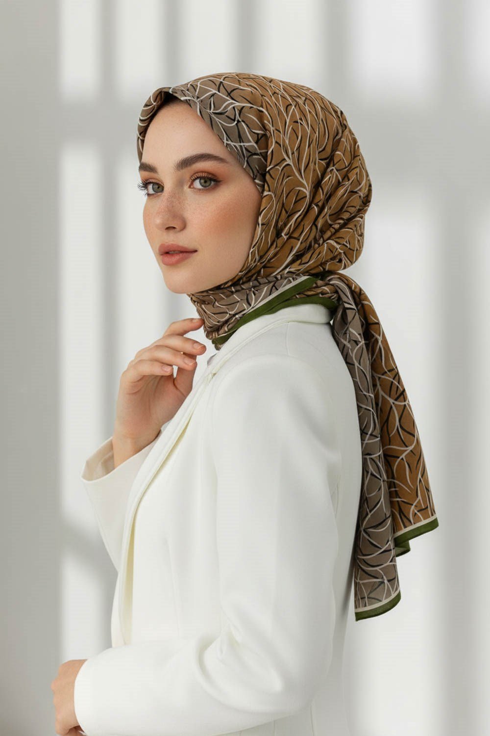 KREP GEOMETRİK DESENLİ HAKİ YEŞİLİ RENKLİ 75X195 KIRIŞMAZ ŞAL
