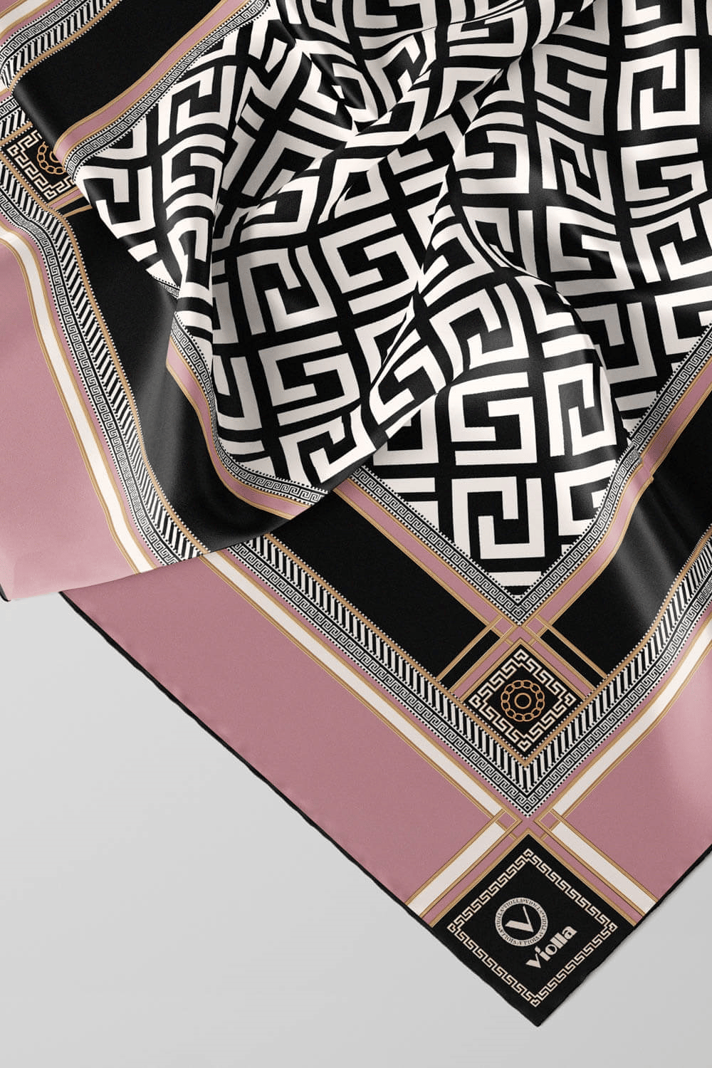 Twill Antik Desenli Pudra Renkli 90x90 Eşarp (İpek İçermez) Kenar Dikiş Şekli El Dikişli