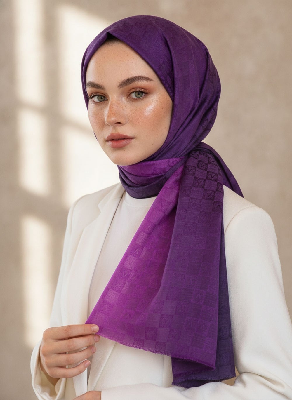 Vissona %57 İPEK %43 PAMUK Degrade Desenli Fuşya - Mor Renkli Şal -  70x190 Dikiş Tipi İtalyan Dikişli