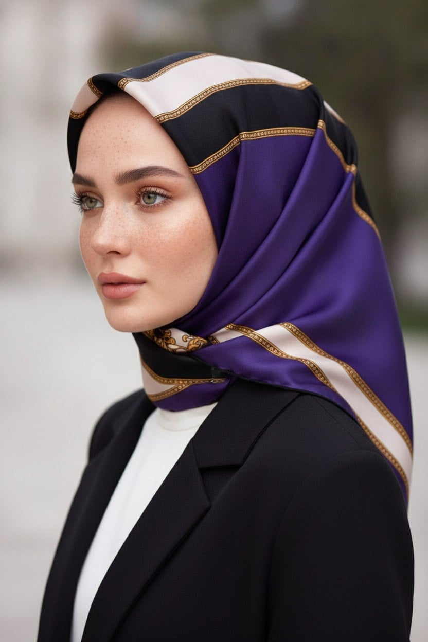 %100 Twill İpek Barok Ve Şerit Desenli Mor - Siyah Renkli 90x90 Eşarp Dikim Şekli : El Dikişi