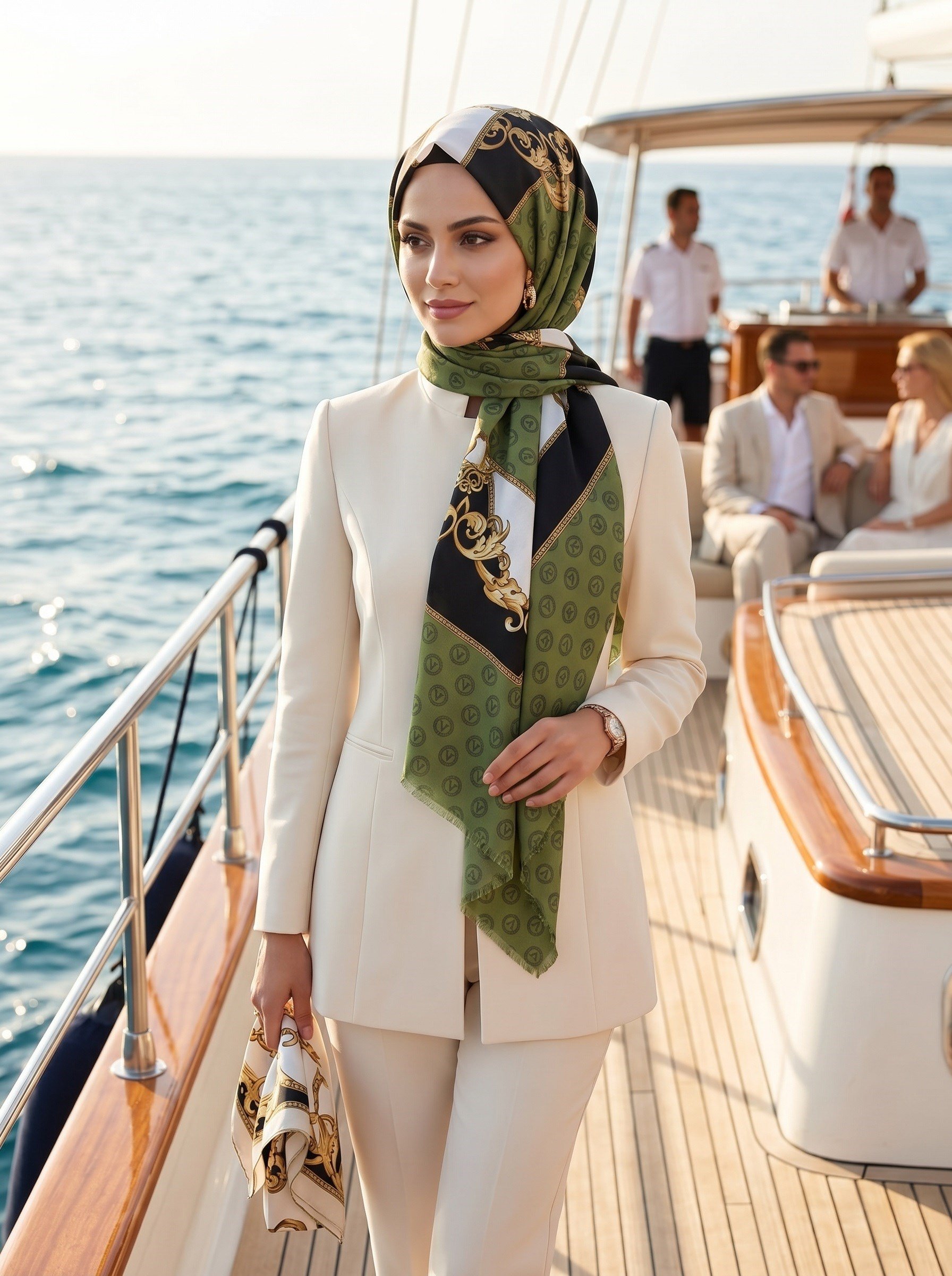 %100 Saf İpek Şal İnce Saten Vual Dokuma Monogram Ve Varak Desenli Haki - Gold Renkli 90x210 Şal