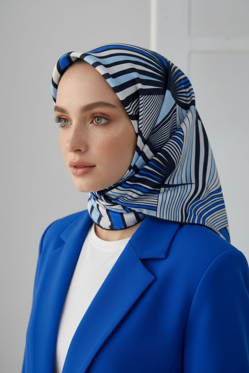 %100 Twill İpek Okyanus Dalgası Desenli Lacivert - İndigo Renkli 90x90 Eşarp Kenar Dikiş Şekli El Dikişli