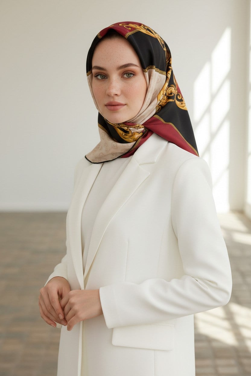 %100 Twill İpek Monogram Ve Barok Desenli Krem - Bordo Renkli 90x90 Eşarp Dikim Şekli : El Dikişi