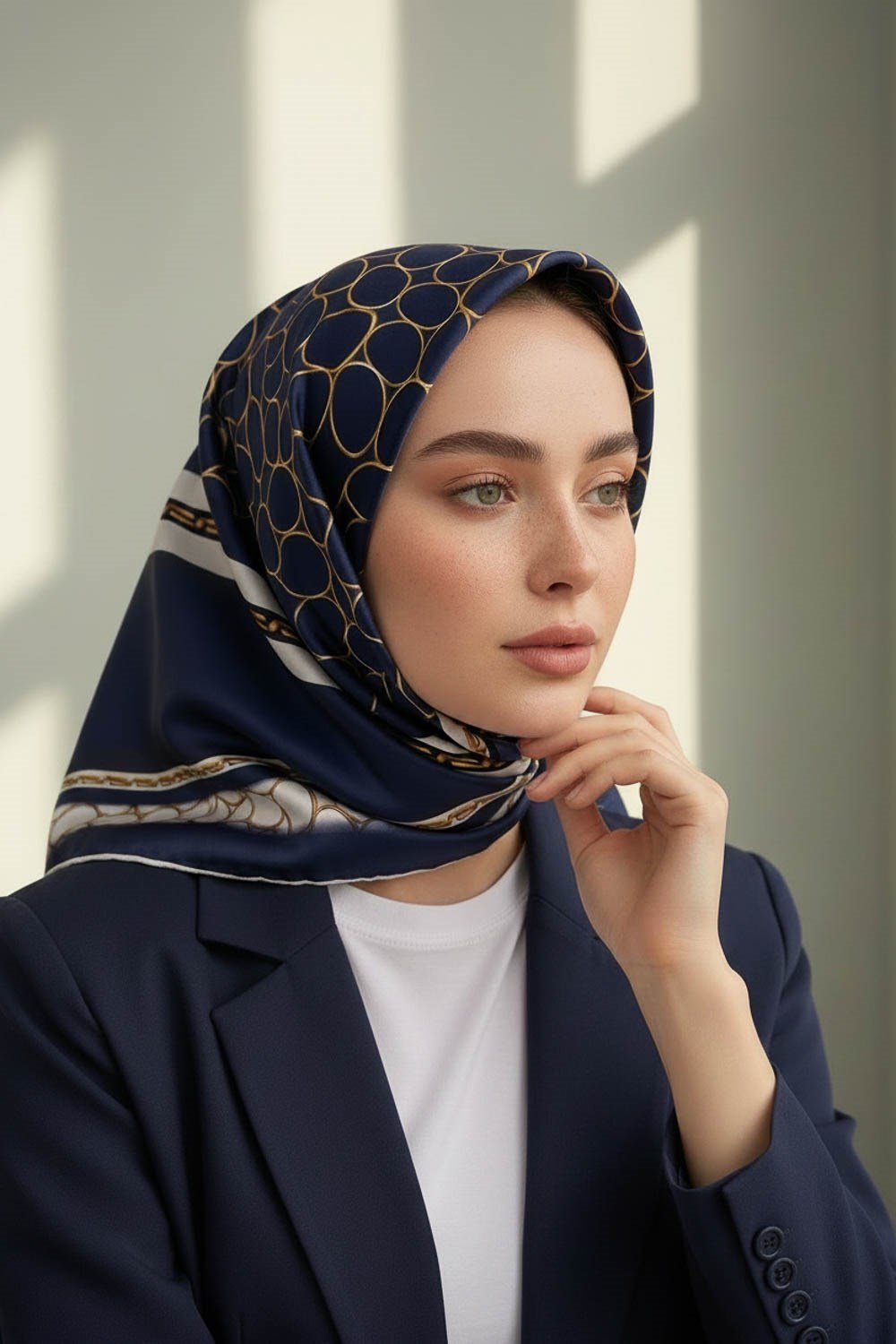 %100 Twill İpek Gold Halka Desenli Lacivert - Krem Renkli 90x90 Eşarp Dikim Şekli : El Dikişi