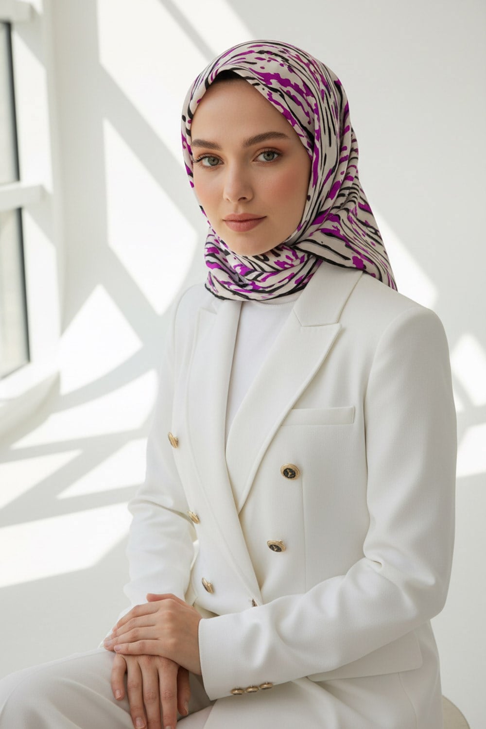 %100 Twill İpek Çizgi Desenli Krem - Fuşya Renkli 90x90 Eşarp Dikim Şekli : El Dikişi