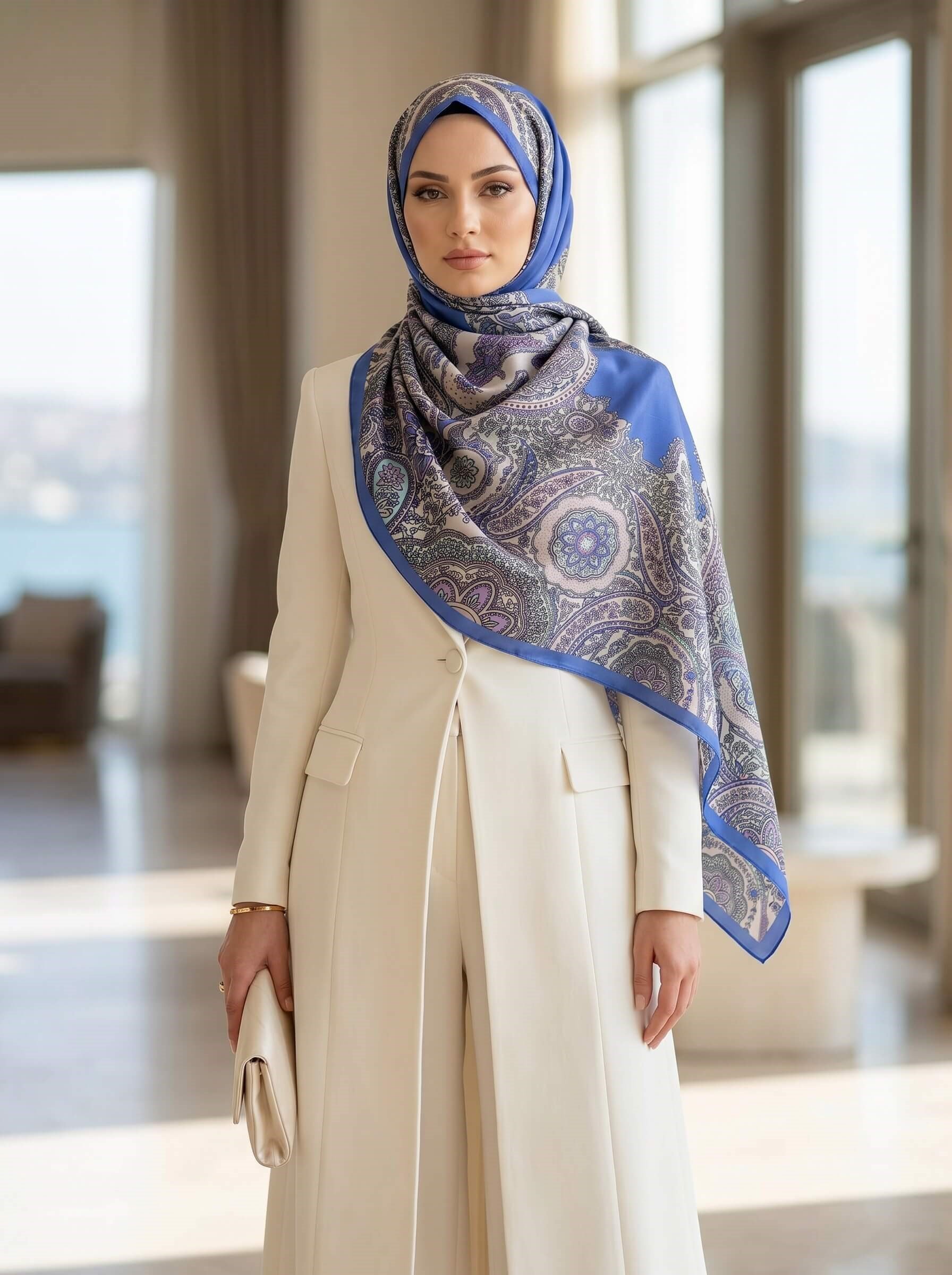 %100 Saf İpek Şal İnce Saten Vual Dokuma Etro Desenli Saks Renkli 90x210 Şal