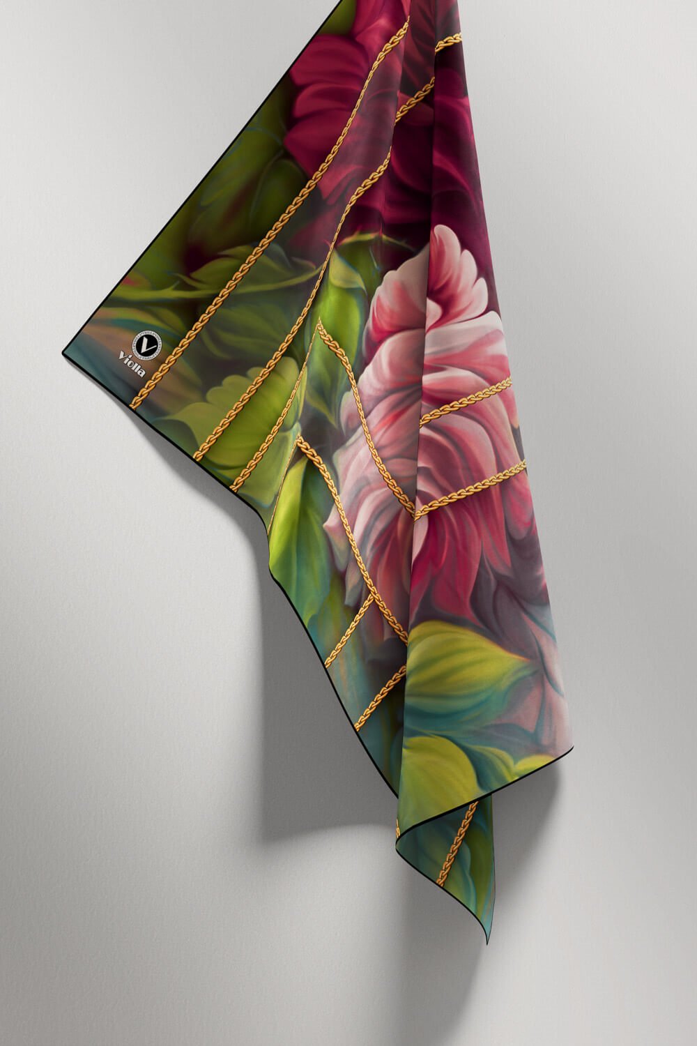 Twill Gül Desenli Şarabi - Haki Renkli 90x90 Eşarp (İpek İçermez) Kenar Dikiş Şekli El Dikişli