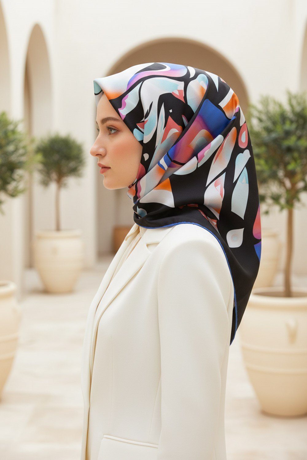 %100 Twill İpek Geometrik Desenli Lacivert - Bebe Mavisi Renkli 90x90 Eşarp Dikim Şekli : El Dikişi