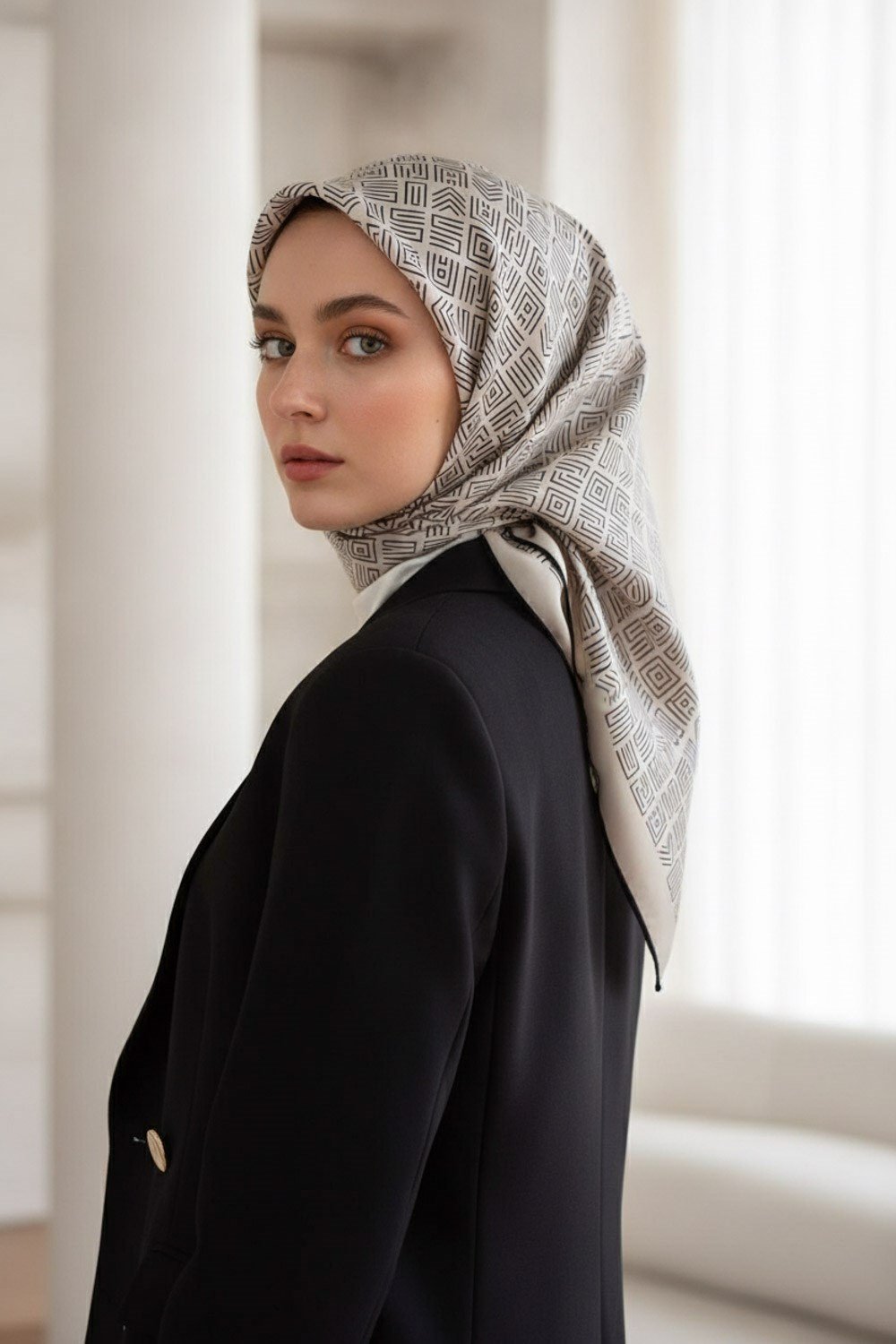 %57 İPEK %43 VİSKON Twill İpek Etnik Motif Desenli Krem - Siyah Renkli 90x90 Eşarp Dikim Şekli : El Dikişi