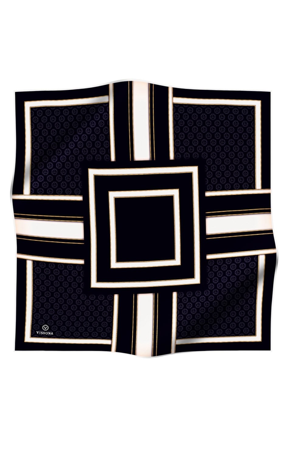 %100 Twill Geometrik Monogram Desenli Siyah - Krem Renkli 90x90 Eşarp Kenar Dikiş Şekli : El Dikişli